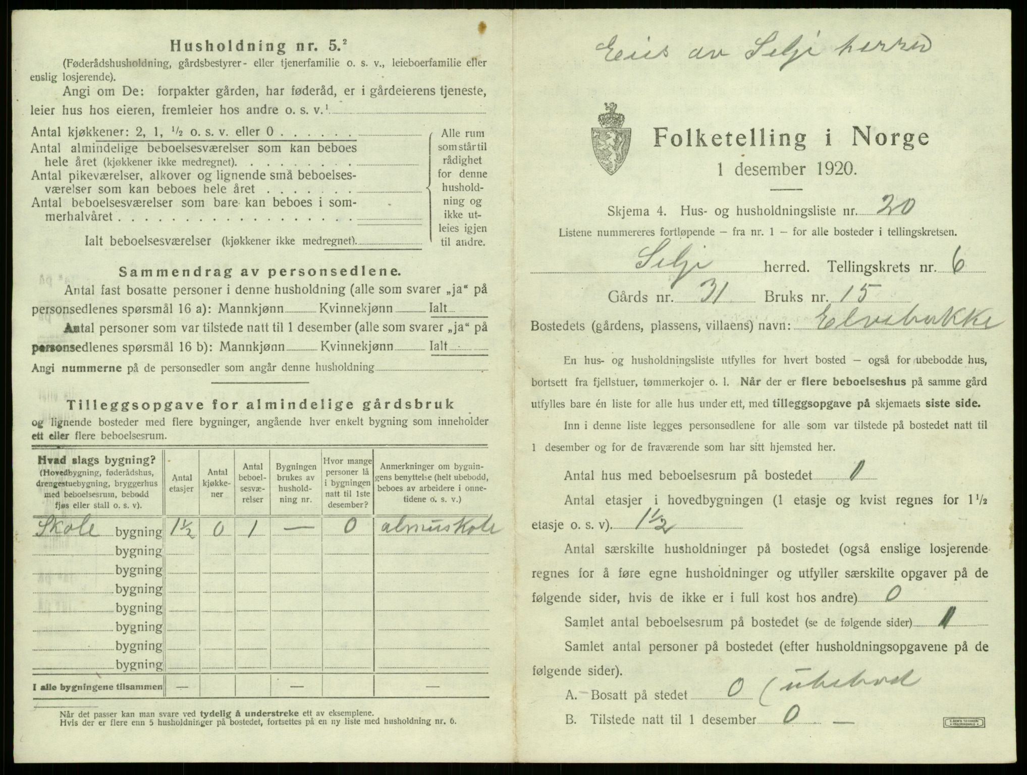 SAB, 1920 census for Selje, 1920, p. 444