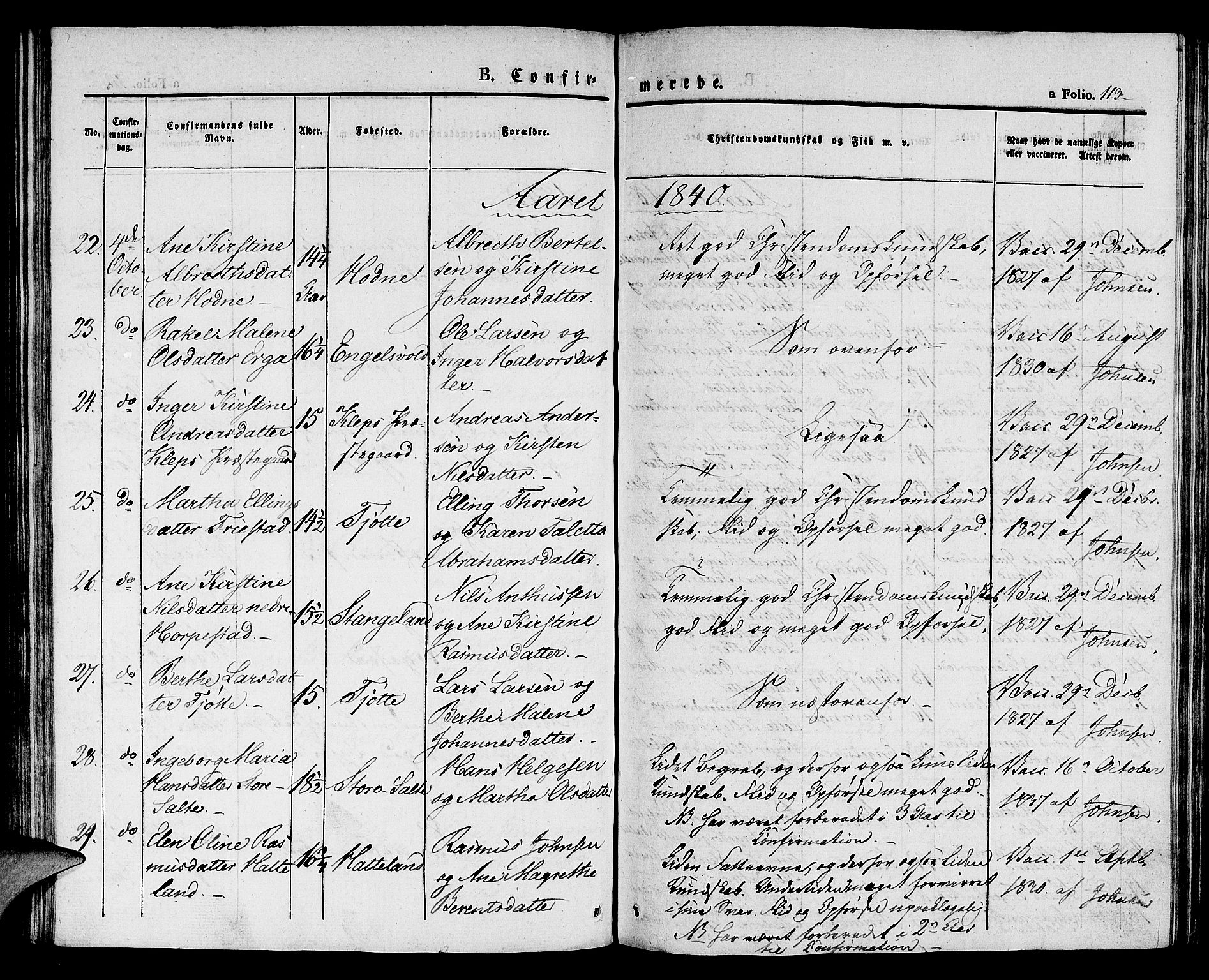 Klepp sokneprestkontor, SAST/A-101803/001/3/30BA/L0003: Parish register (official) no. A 3, 1833-1842, p. 113