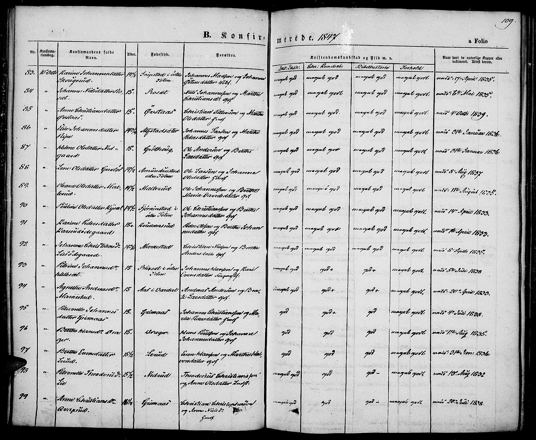 Vestre Toten prestekontor, SAH/PREST-108/H/Ha/Haa/L0004: Parish register (official) no. 4, 1844-1849, p. 109