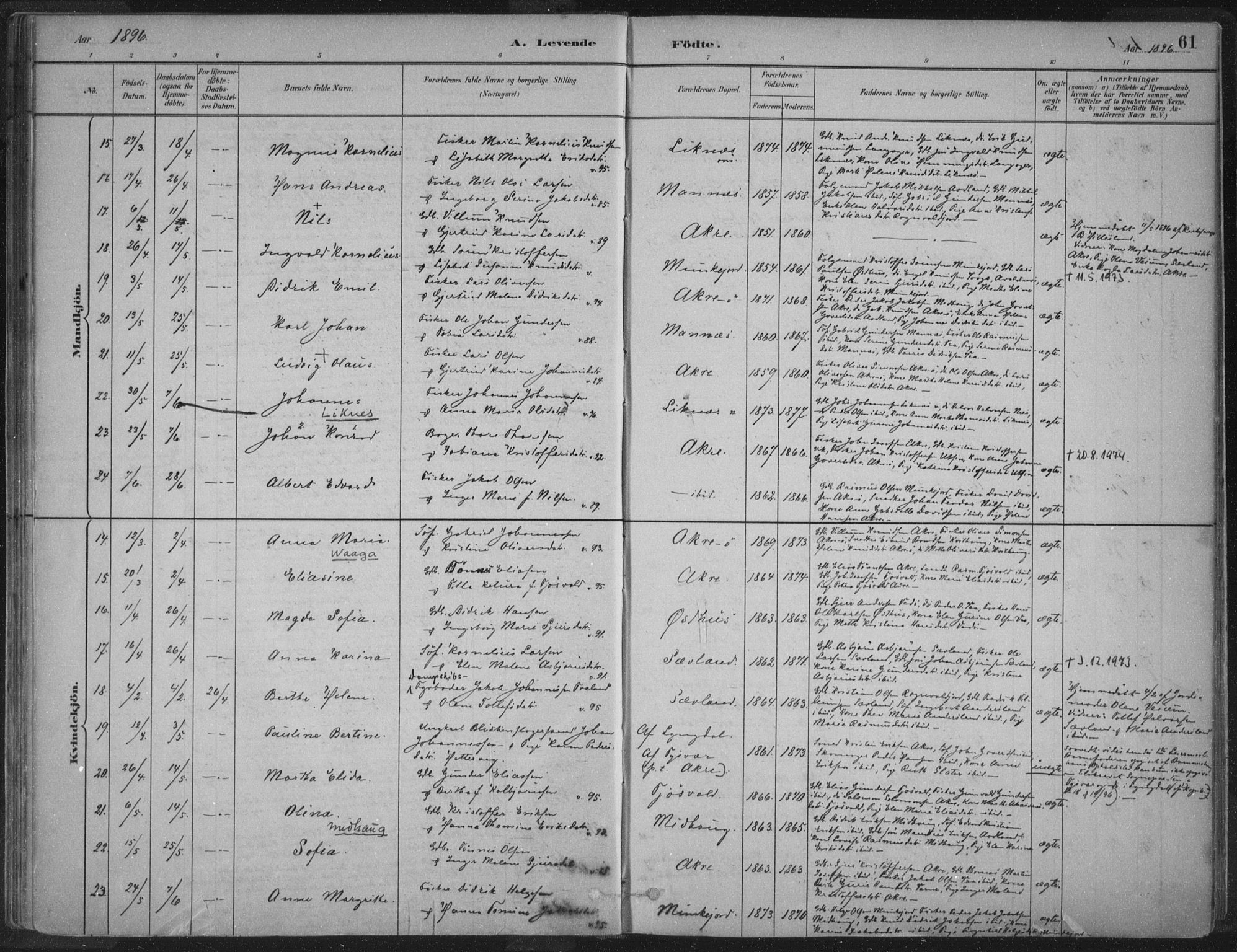 Kopervik sokneprestkontor, AV/SAST-A-101850/H/Ha/Haa/L0004: Parish register (official) no. A 4, 1882-1905, p. 61