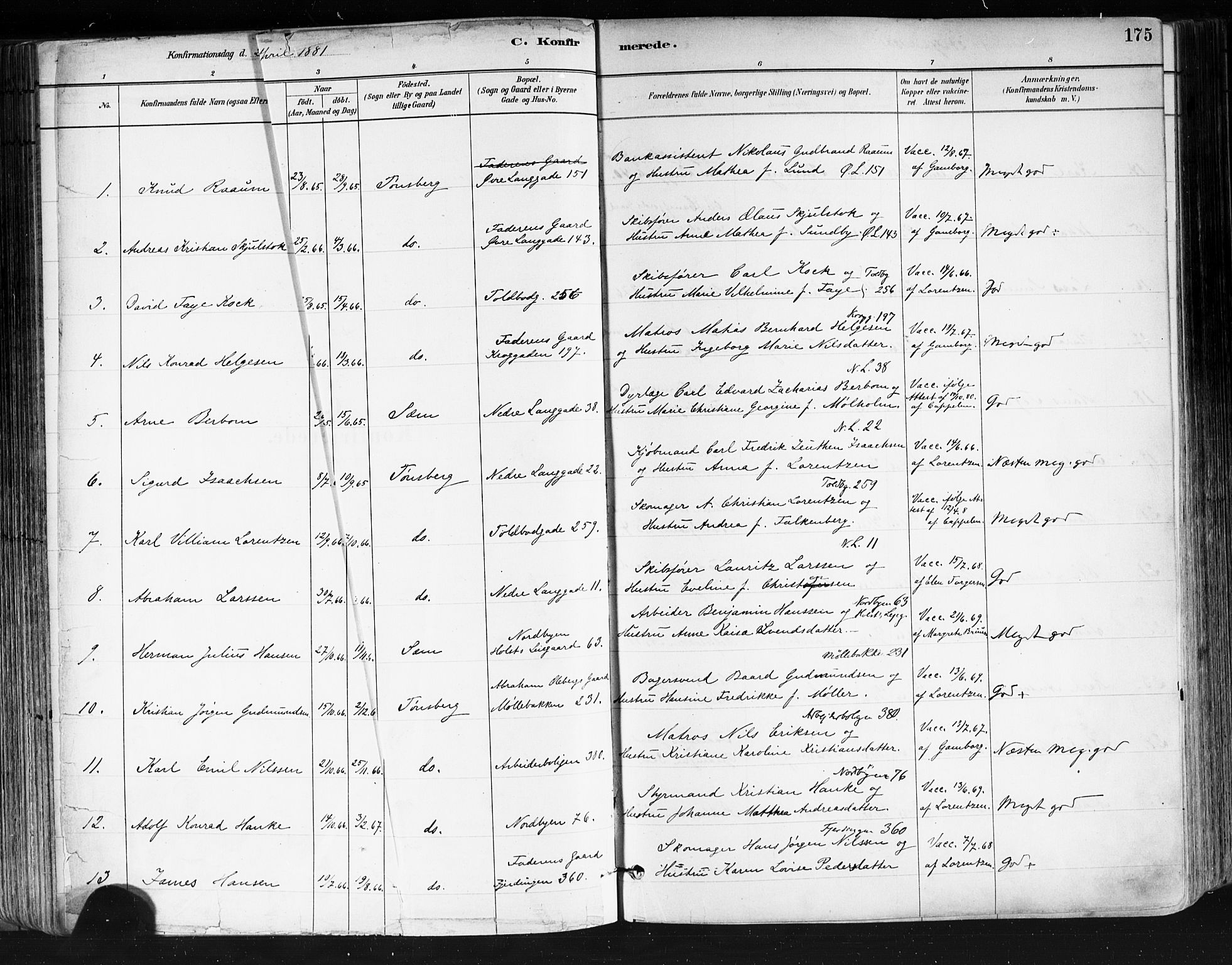 Tønsberg kirkebøker, AV/SAKO-A-330/F/Fa/L0011: Parish register (official) no. I 11, 1881-1890, p. 175