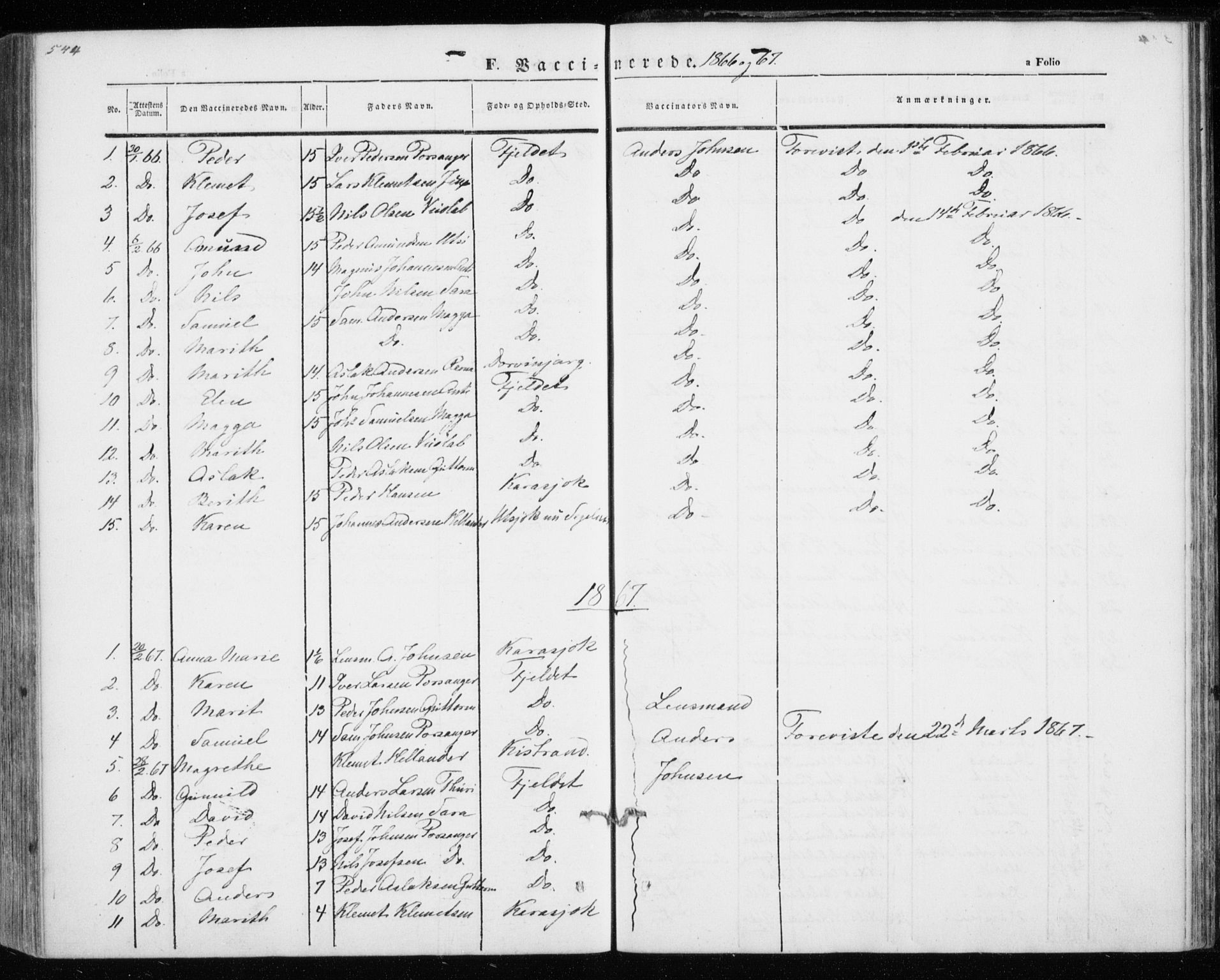 Kistrand/Porsanger sokneprestembete, AV/SATØ-S-1351/H/Ha/L0012.kirke: Parish register (official) no. 12, 1843-1871, p. 544-545