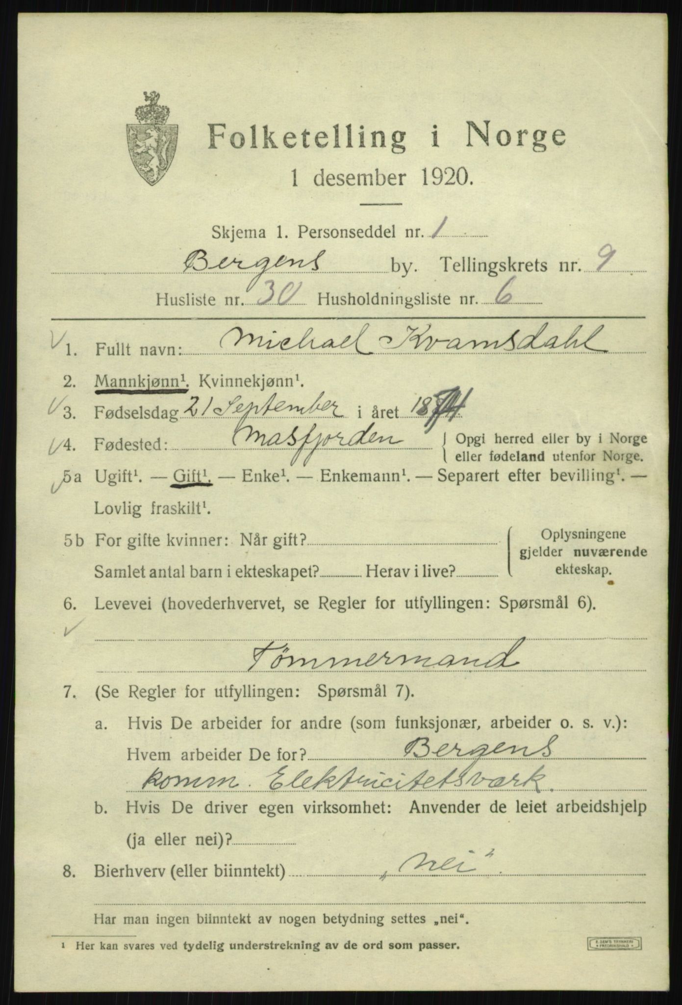 SAB, 1920 census for Bergen, 1920, p. 71331