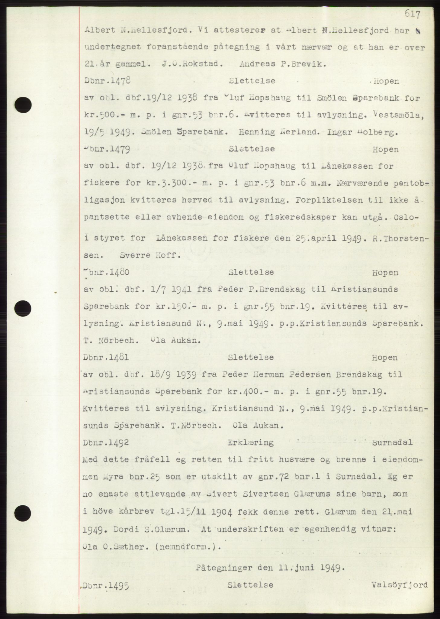 Nordmøre sorenskriveri, SAT/A-4132/1/2/2Ca: Mortgage book no. C82b, 1946-1951, Diary no: : 1478/1949