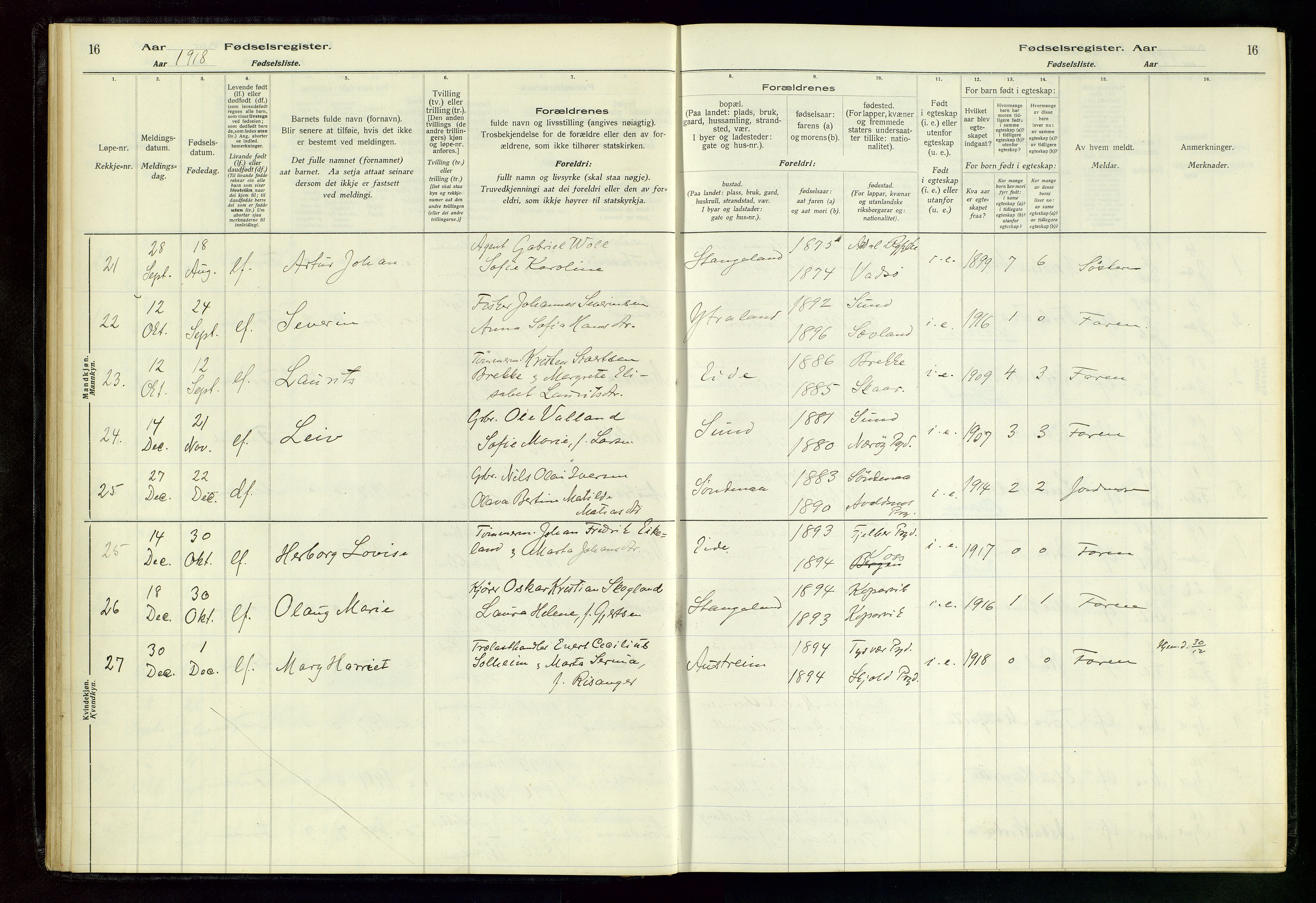 Kopervik sokneprestkontor, SAST/A-101850/I/Id/L0004: Birth register no. 4, 1916-1958, p. 16