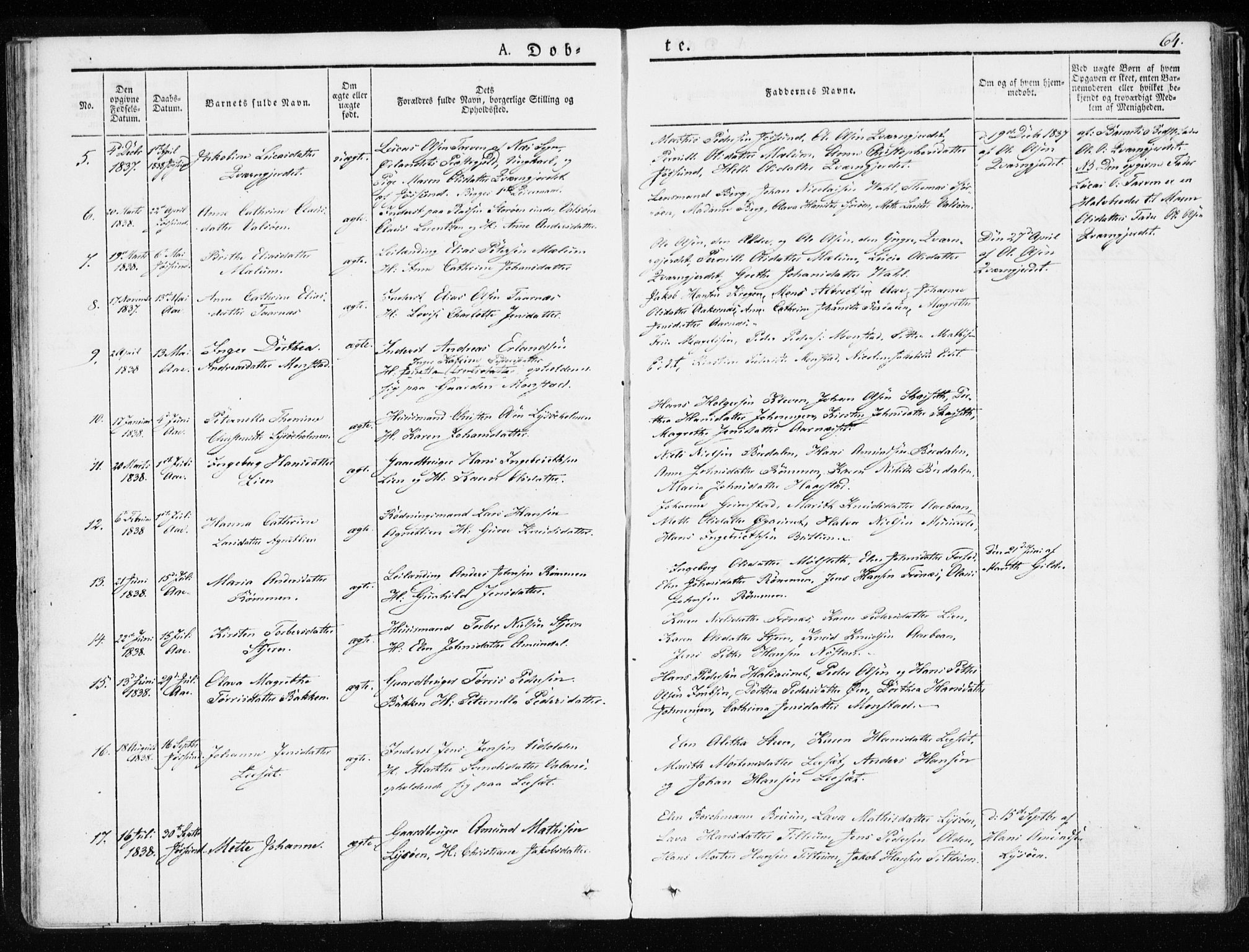 Ministerialprotokoller, klokkerbøker og fødselsregistre - Sør-Trøndelag, SAT/A-1456/655/L0676: Parish register (official) no. 655A05, 1830-1847, p. 64