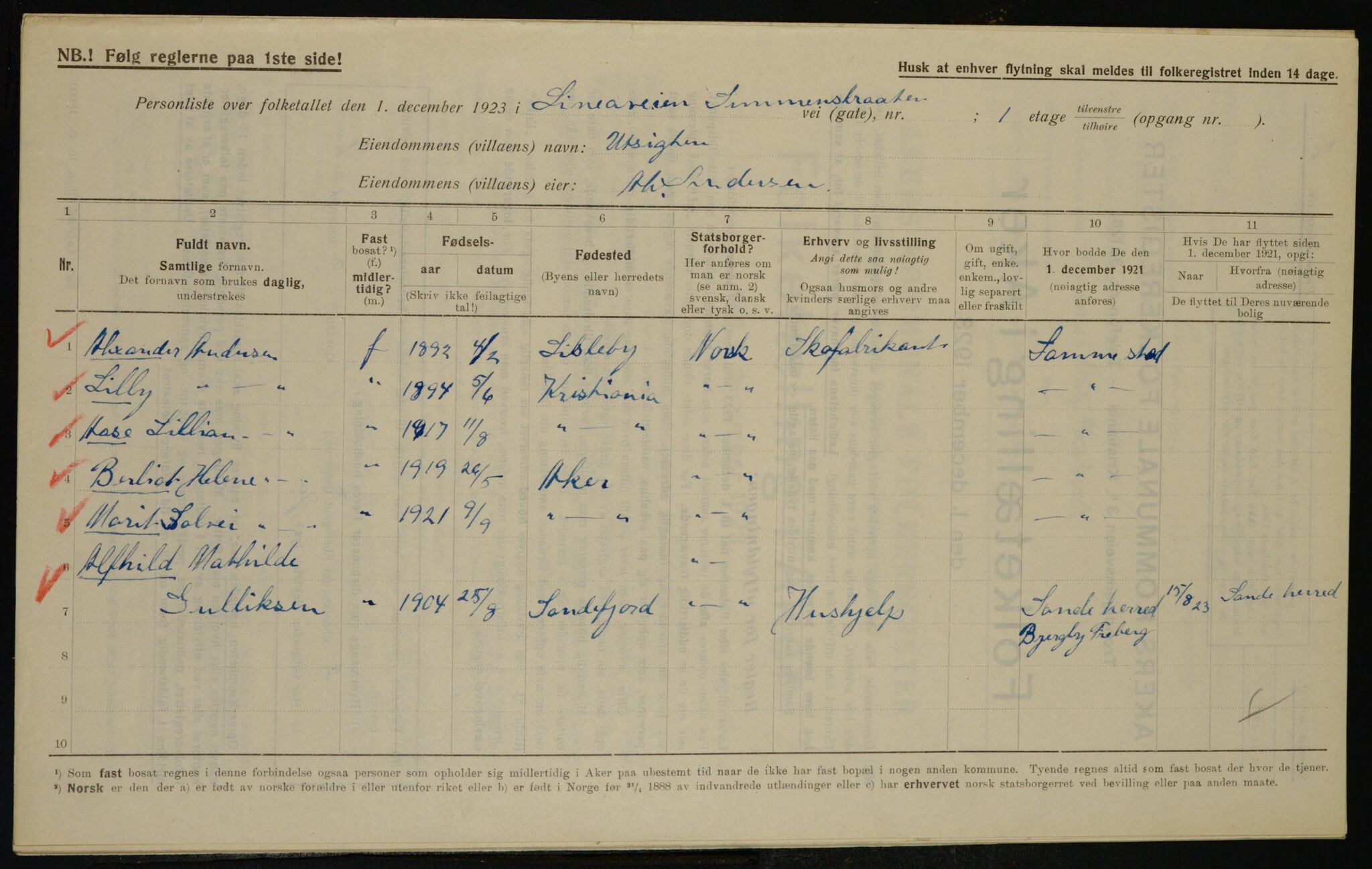 , Municipal Census 1923 for Aker, 1923, p. 40748