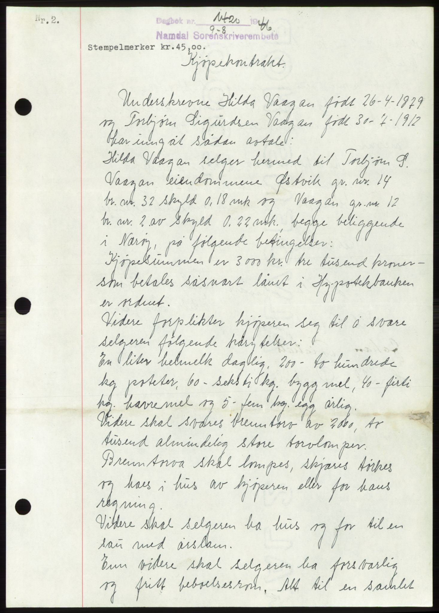 Namdal sorenskriveri, AV/SAT-A-4133/1/2/2C: Mortgage book no. -, 1946-1946, Diary no: : 1420/1946