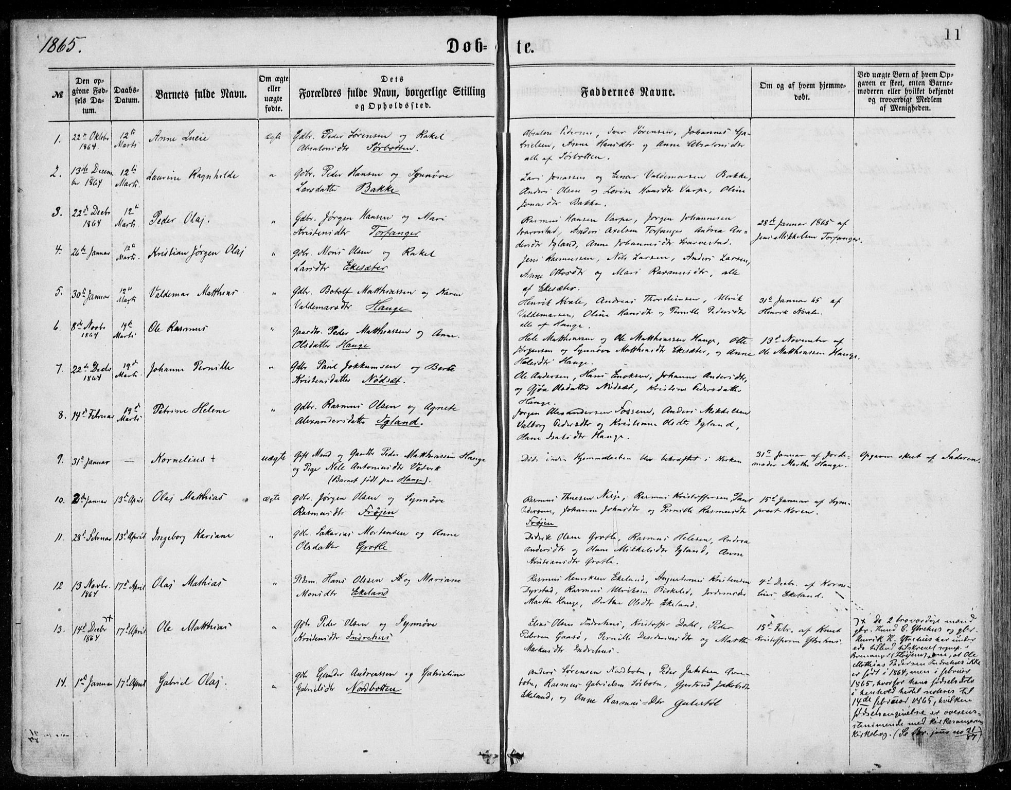 Bremanger sokneprestembete, SAB/A-82201/H/Haa/Haaa/L0001: Parish register (official) no. A  1, 1864-1883, p. 11