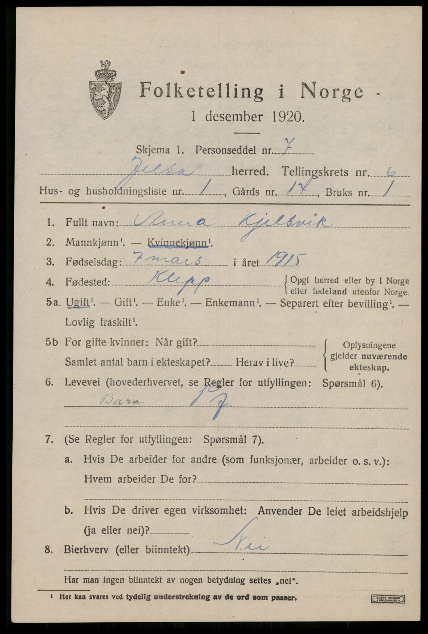 SAST, 1920 census for Jelsa, 1920, p. 1664