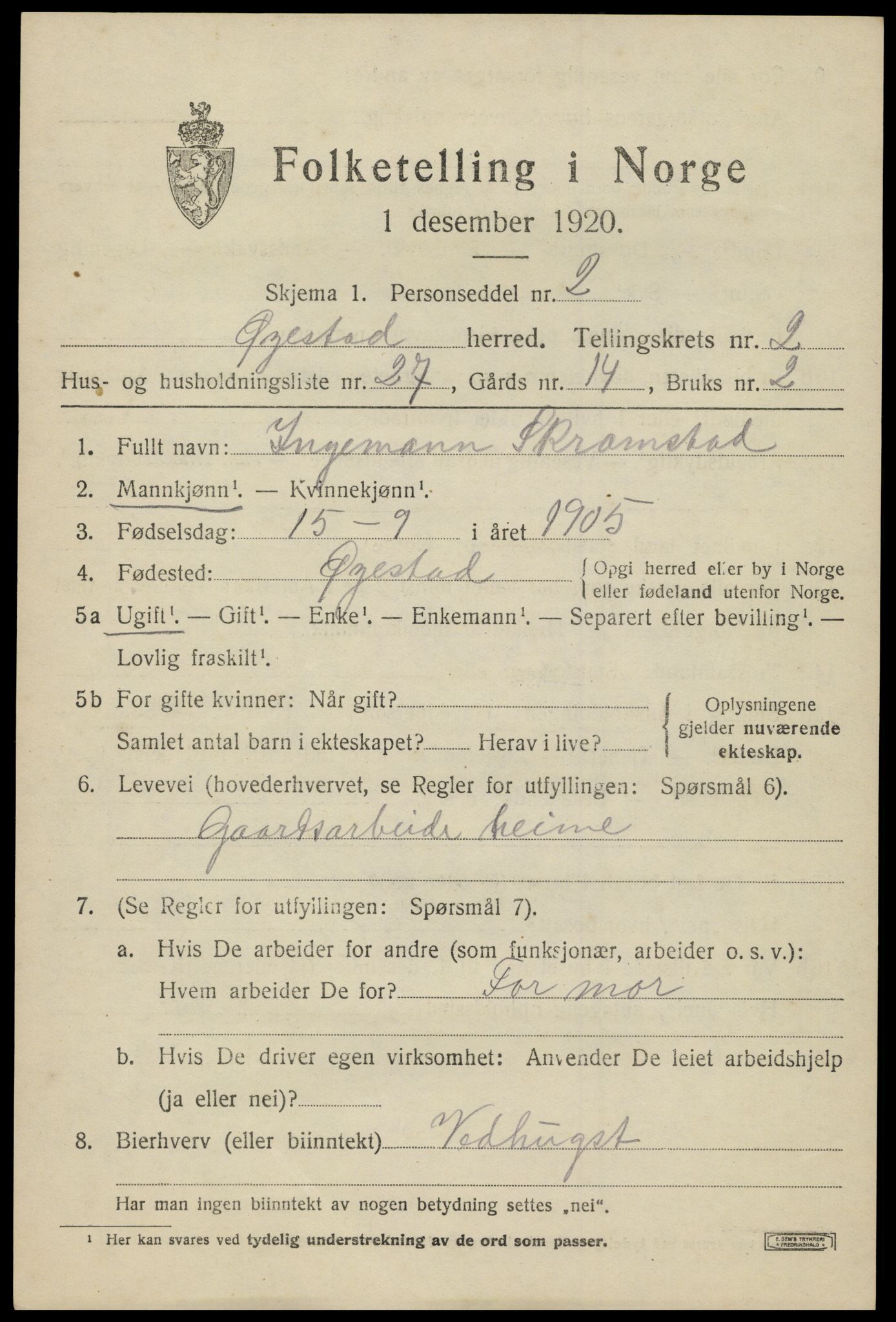 SAK, 1920 census for Øyestad, 1920, p. 2614