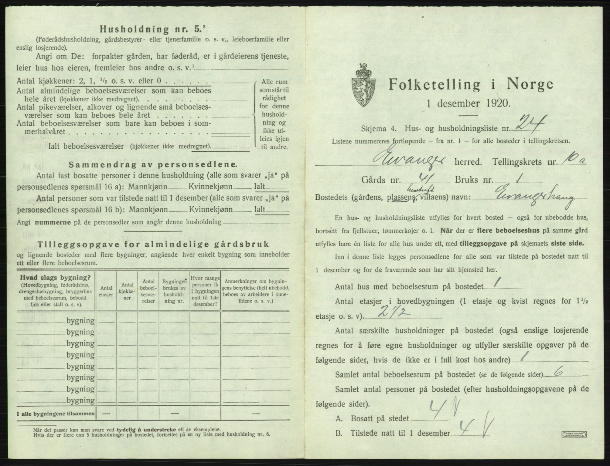 SAB, 1920 census for Evanger, 1920, p. 503