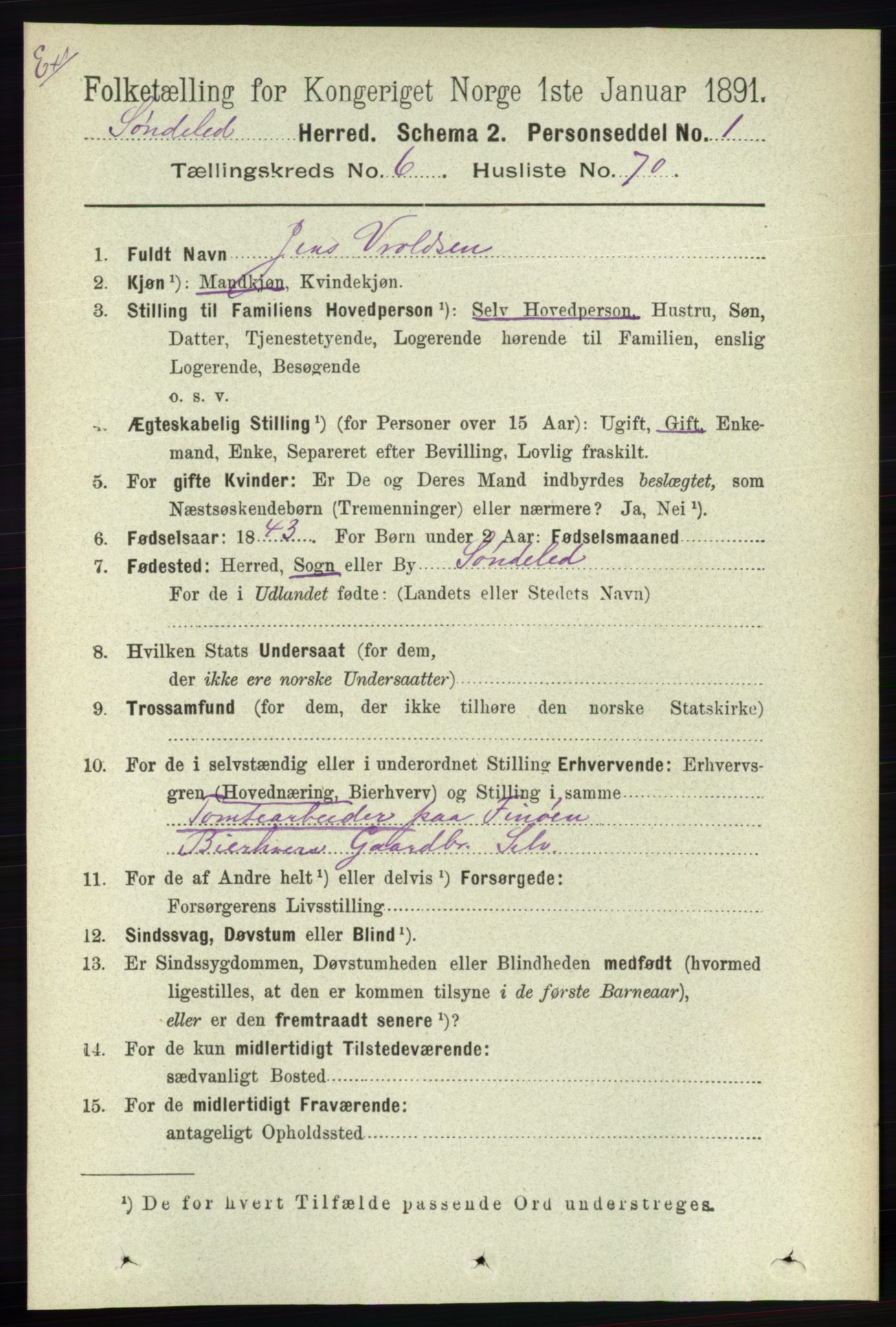 RA, Census 1891 for Nedenes amt: Gjenparter av personsedler for beslektede ektefeller, menn, 1891, p. 135