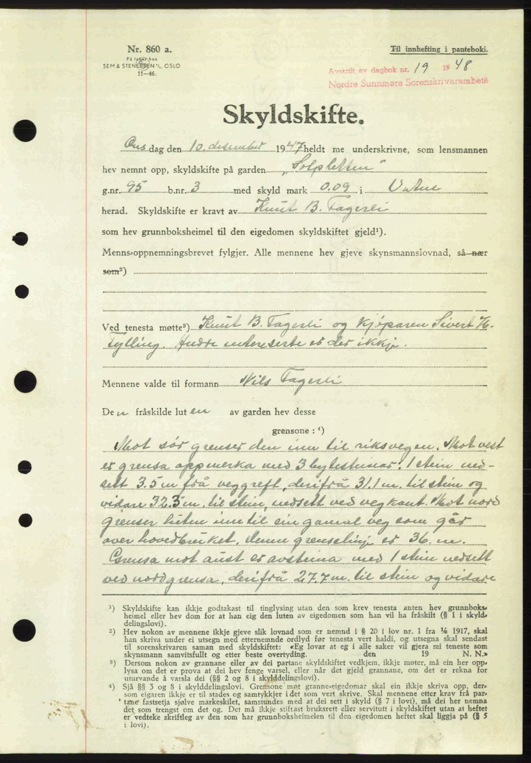 Nordre Sunnmøre sorenskriveri, AV/SAT-A-0006/1/2/2C/2Ca: Mortgage book no. A26, 1947-1948, Diary no: : 19/1948