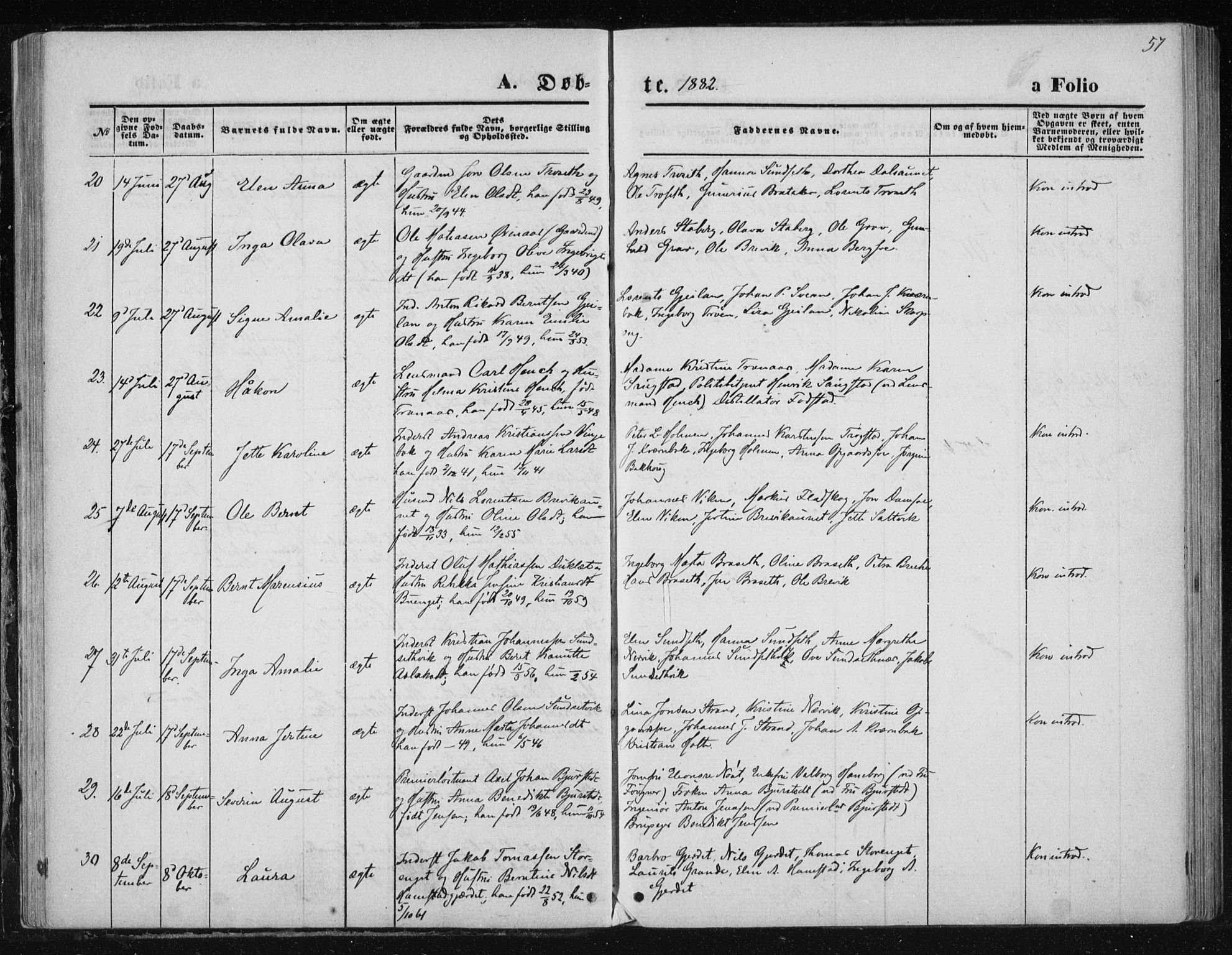 Ministerialprotokoller, klokkerbøker og fødselsregistre - Nord-Trøndelag, AV/SAT-A-1458/733/L0324: Parish register (official) no. 733A03, 1870-1883, p. 57