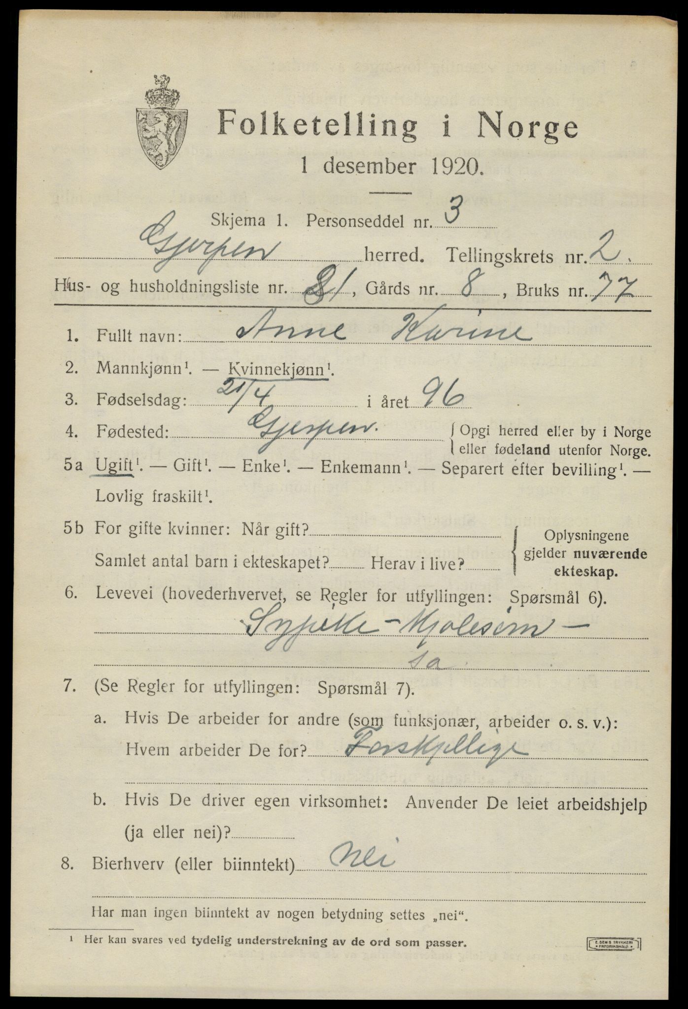 SAKO, 1920 census for Gjerpen, 1920, p. 5204