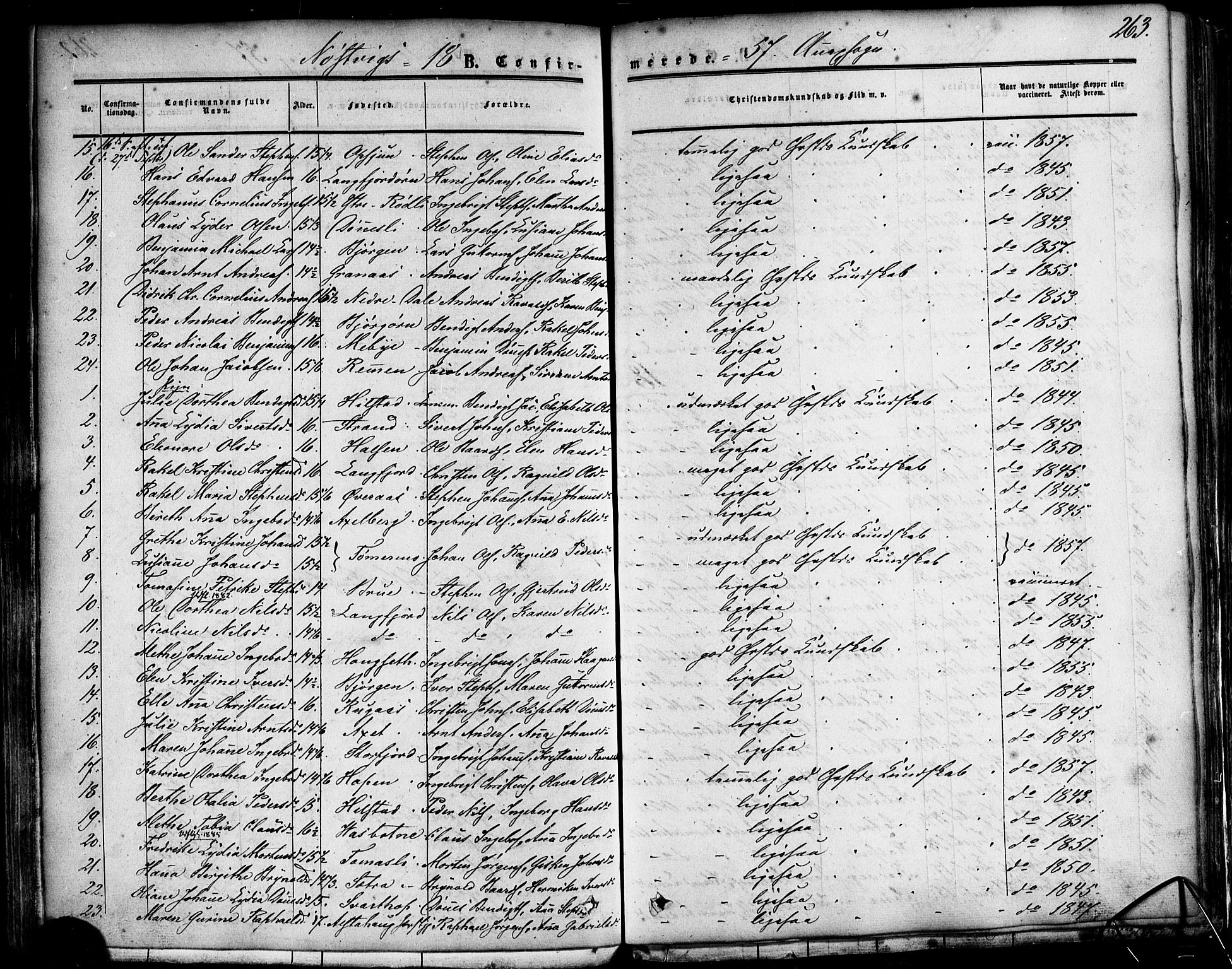 Ministerialprotokoller, klokkerbøker og fødselsregistre - Nordland, SAT/A-1459/814/L0224: Parish register (official) no. 814A05, 1834-1874, p. 263