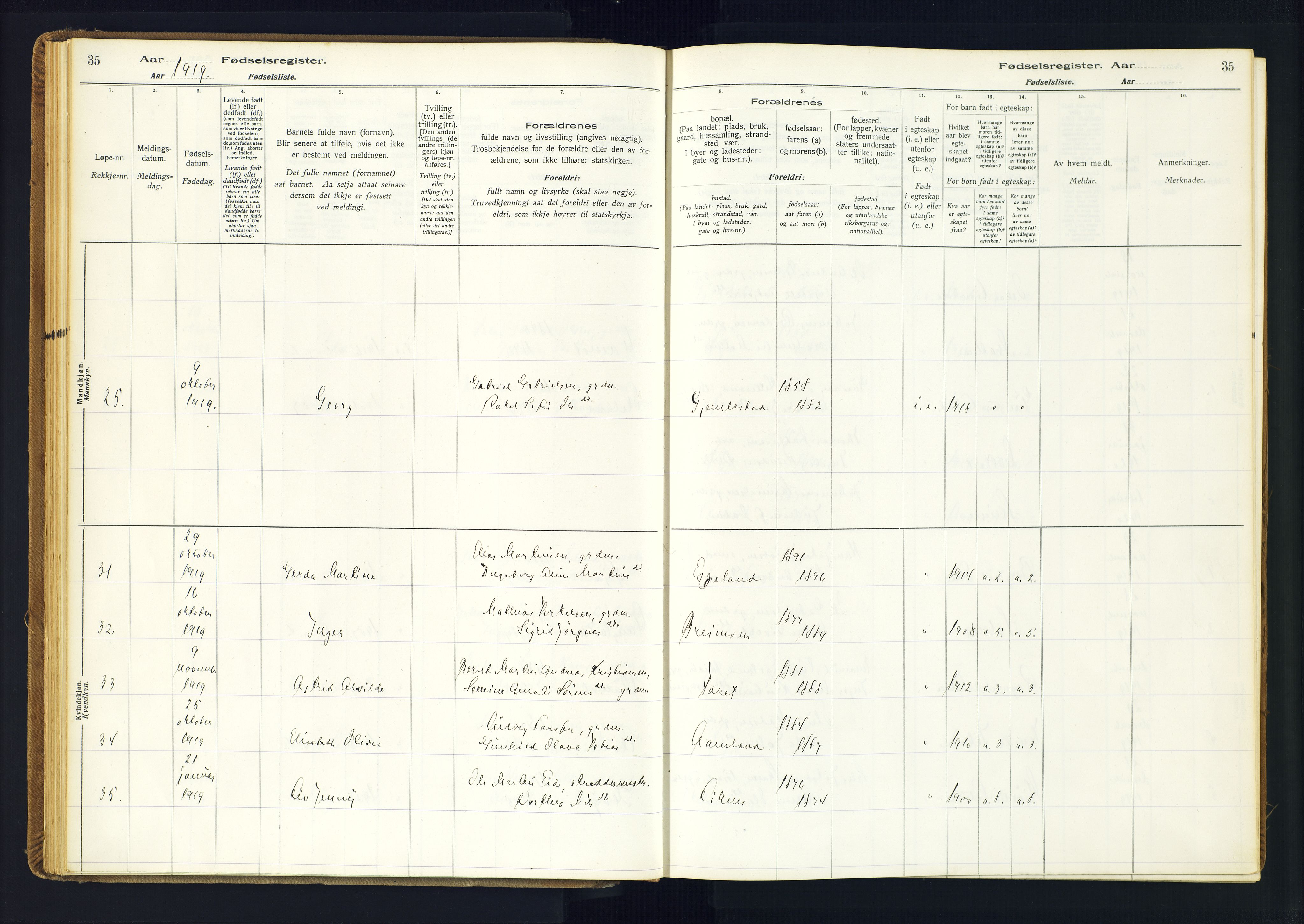 Kvinesdal sokneprestkontor, AV/SAK-1111-0026/J/Ja/L0001: Birth register no. 1, 1916-1941, p. 35