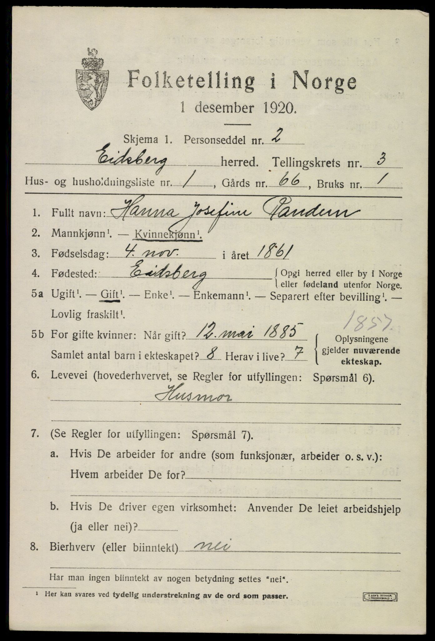 SAO, 1920 census for Eidsberg, 1920, p. 3981