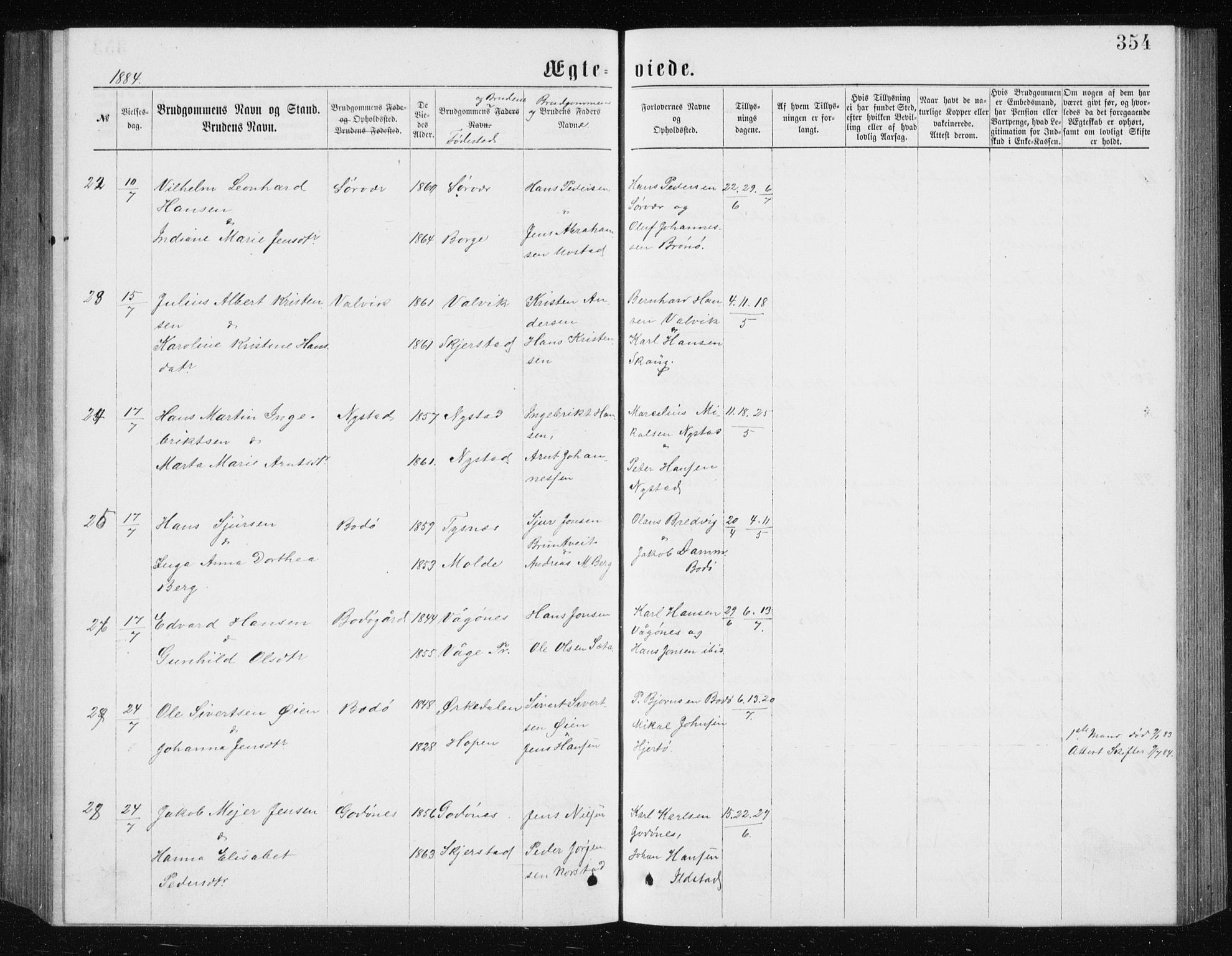 Ministerialprotokoller, klokkerbøker og fødselsregistre - Nordland, AV/SAT-A-1459/801/L0031: Parish register (copy) no. 801C06, 1883-1887, p. 354