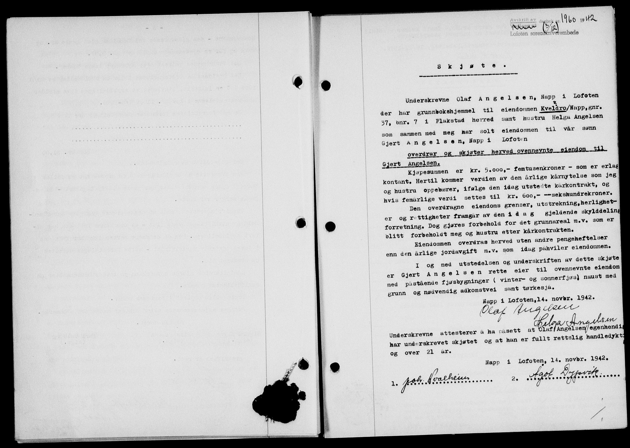 Lofoten sorenskriveri, AV/SAT-A-0017/1/2/2C/L0010a: Mortgage book no. 10a, 1942-1943, Diary no: : 1960/1942