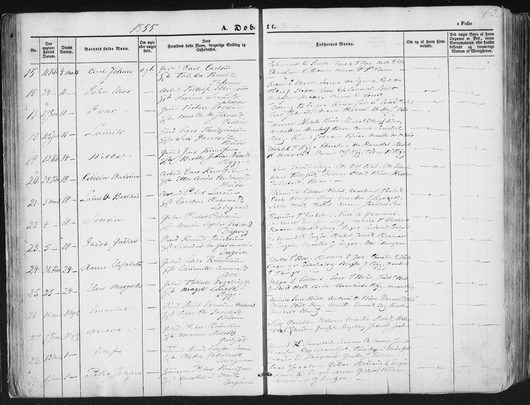 Hetland sokneprestkontor, AV/SAST-A-101826/30/30BA/L0002: Parish register (official) no. A 2, 1849-1869, p. 63