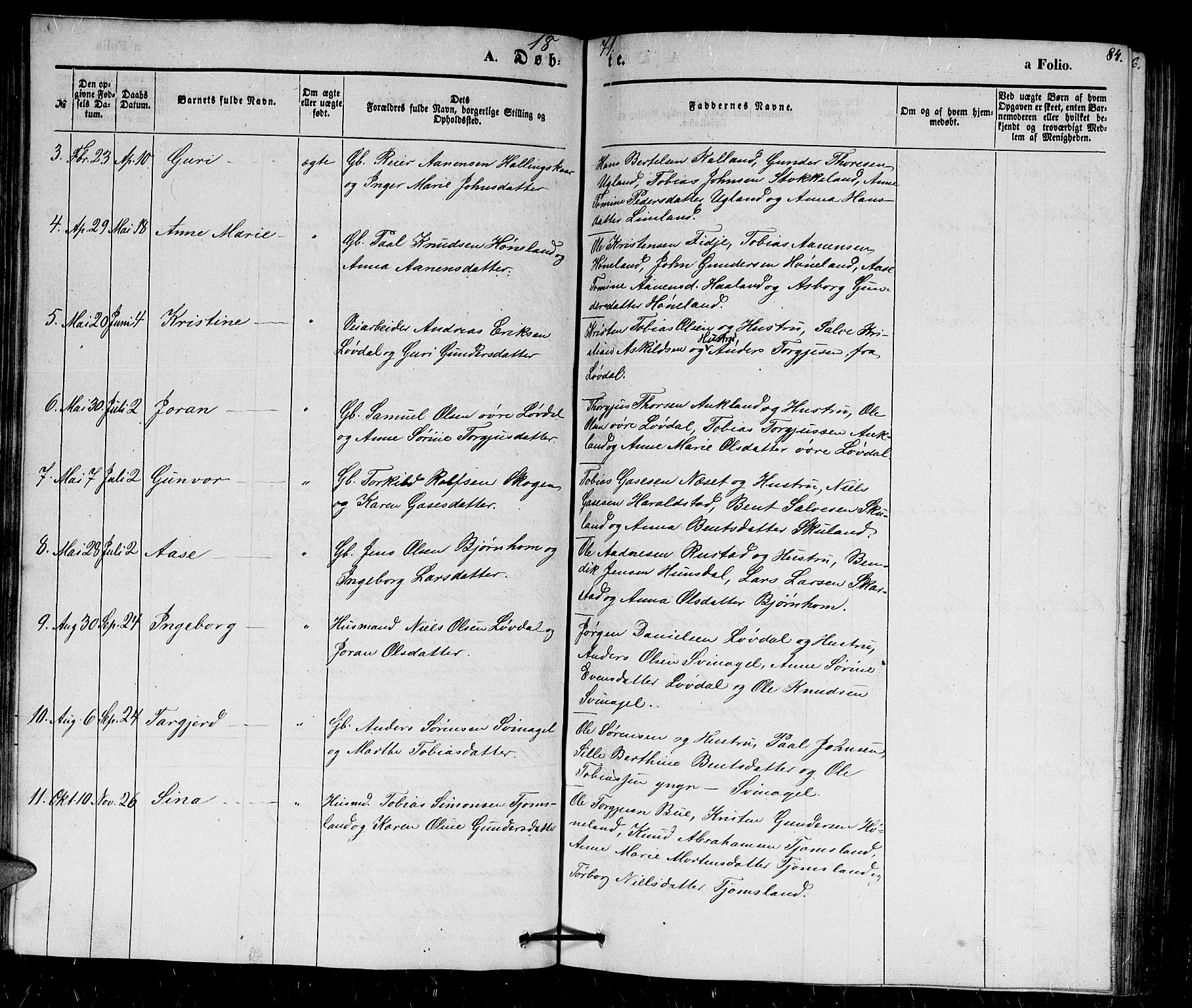 Holum sokneprestkontor, AV/SAK-1111-0022/F/Fb/Fbb/L0002: Parish register (copy) no. B 2, 1847-1874, p. 84