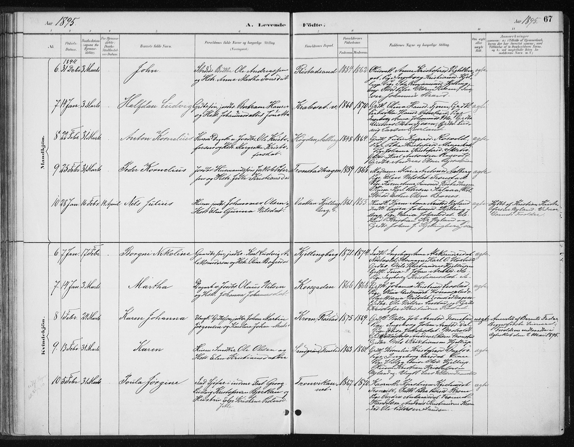 Ministerialprotokoller, klokkerbøker og fødselsregistre - Nord-Trøndelag, SAT/A-1458/701/L0010: Parish register (official) no. 701A10, 1883-1899, p. 67