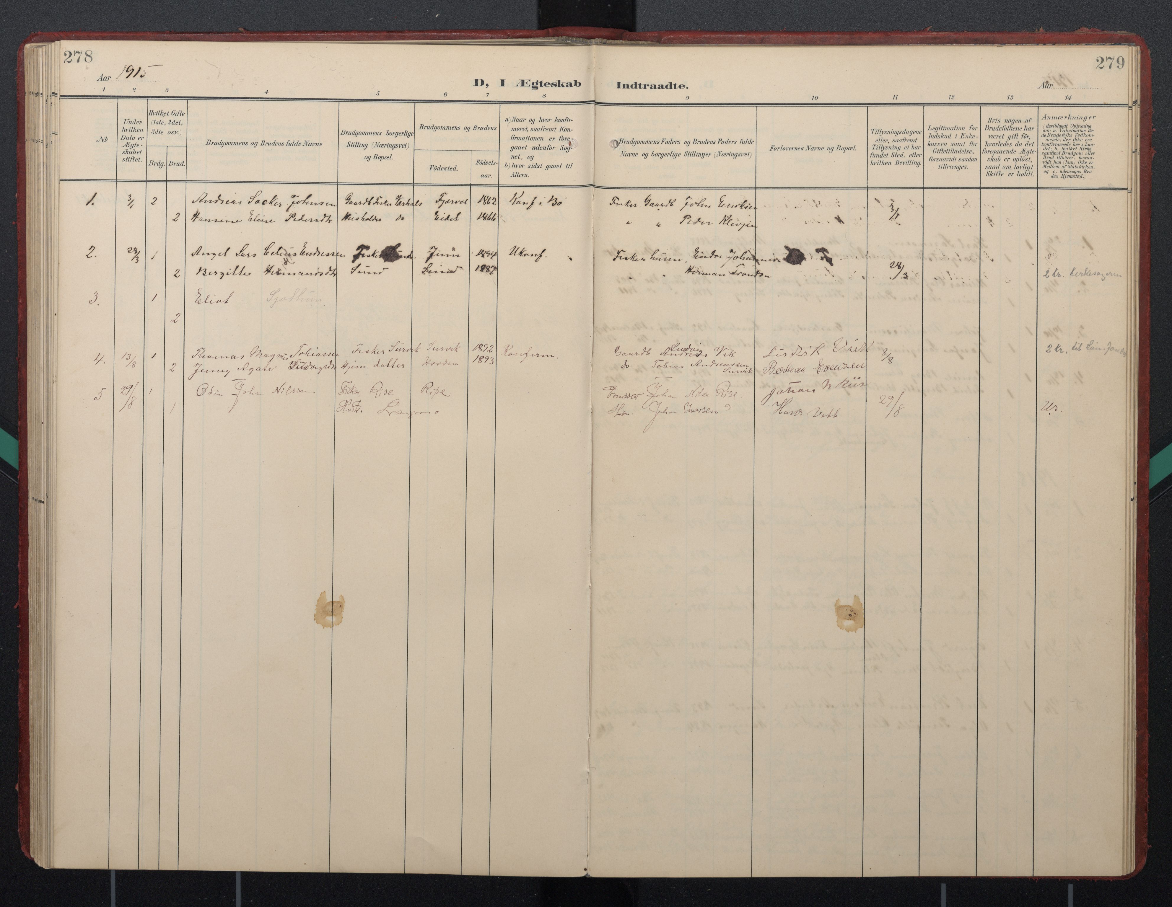 Ministerialprotokoller, klokkerbøker og fødselsregistre - Nordland, AV/SAT-A-1459/892/L1322: Parish register (official) no. 892A03, 1904-1921, p. 278-279