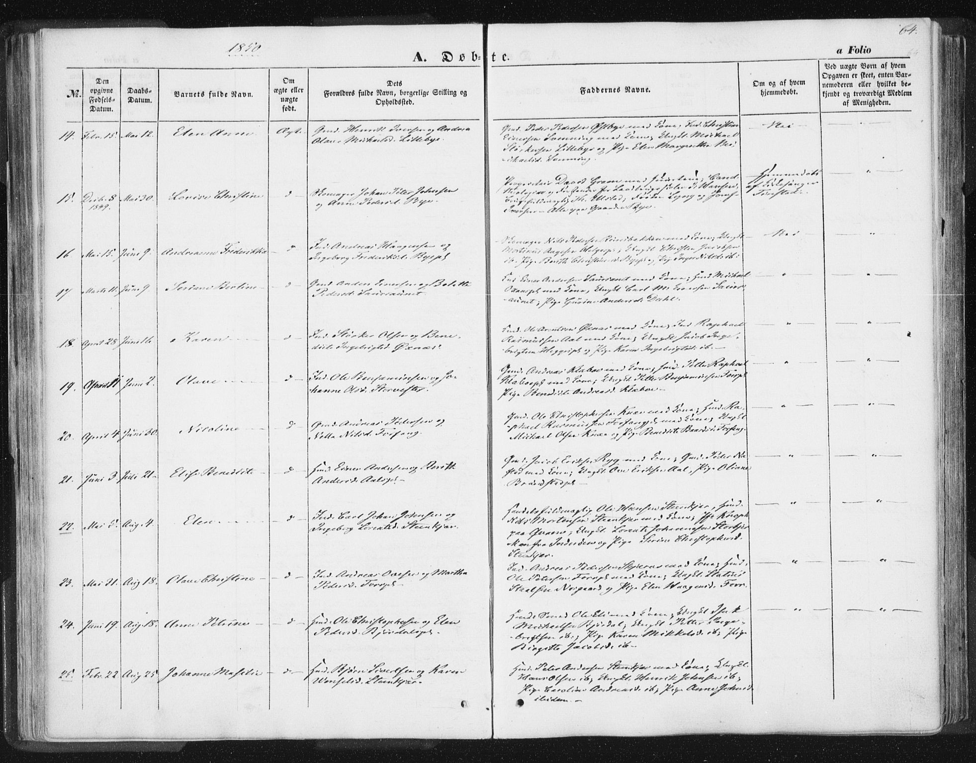 Ministerialprotokoller, klokkerbøker og fødselsregistre - Nord-Trøndelag, SAT/A-1458/746/L0446: Parish register (official) no. 746A05, 1846-1859, p. 64
