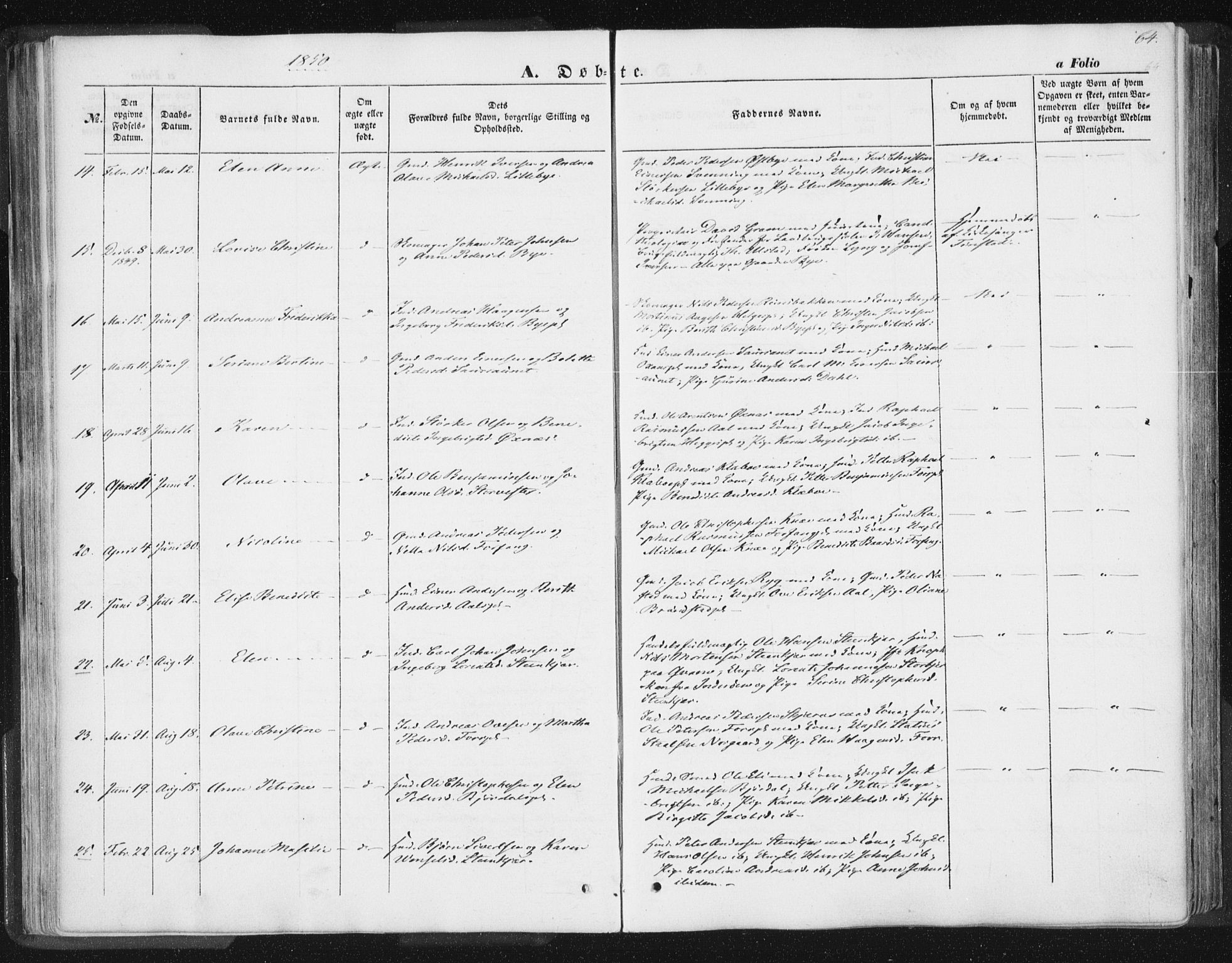 Ministerialprotokoller, klokkerbøker og fødselsregistre - Nord-Trøndelag, AV/SAT-A-1458/746/L0446: Parish register (official) no. 746A05, 1846-1859, p. 64