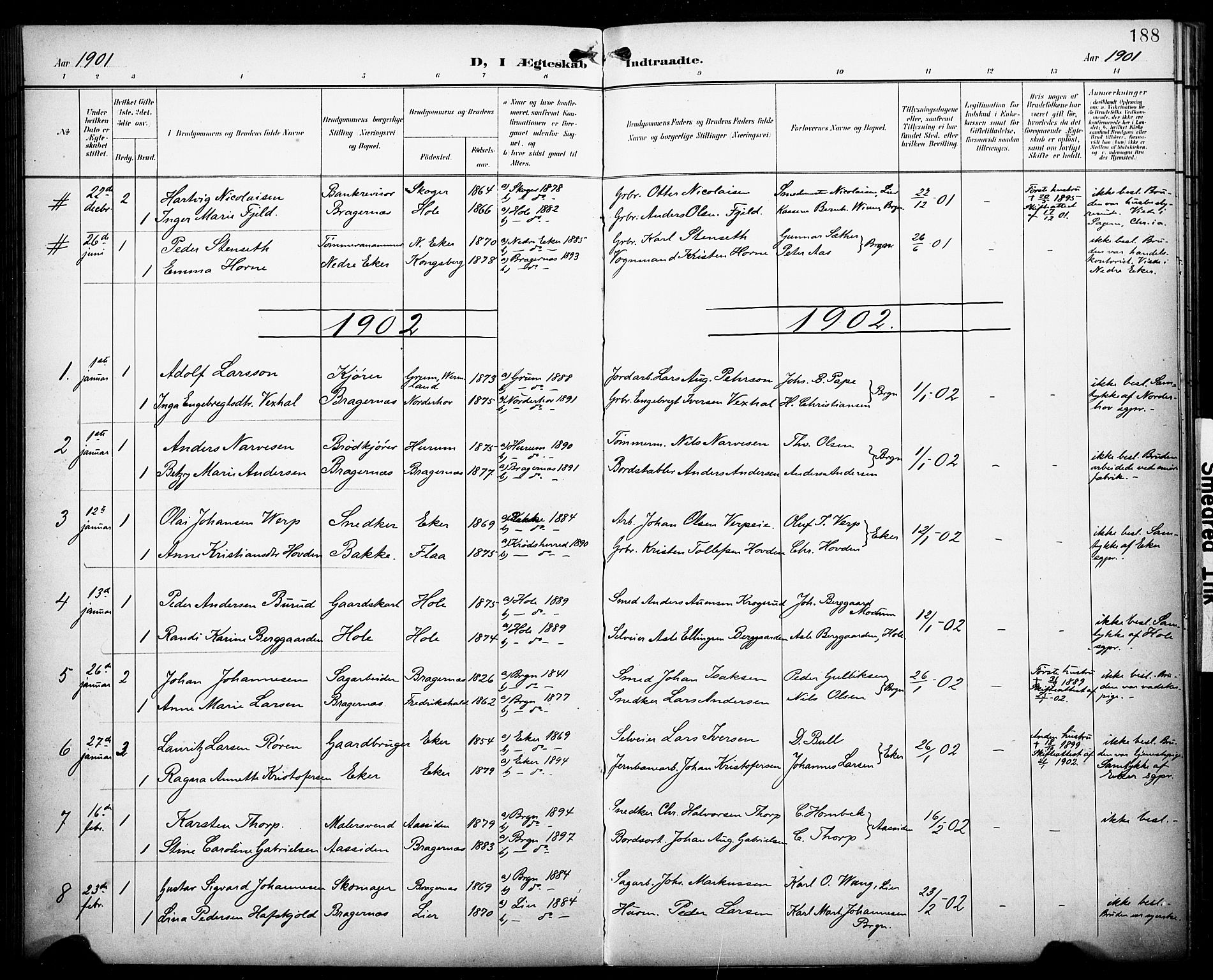 Bragernes kirkebøker, SAKO/A-6/F/Fc/L0007: Parish register (official) no. III 7, 1898-1909, p. 188