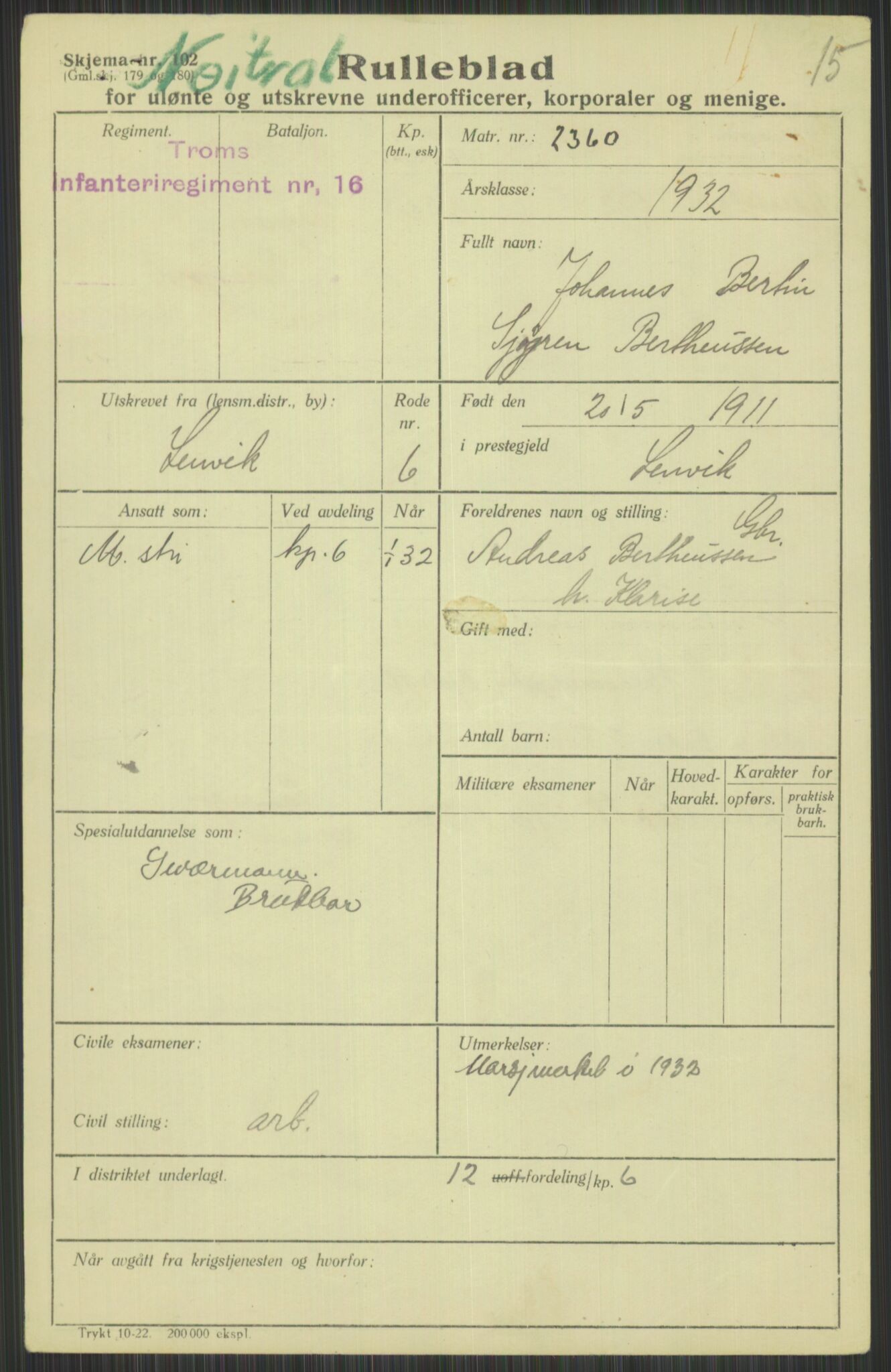 Forsvaret, Troms infanteriregiment nr. 16, AV/RA-RAFA-3146/P/Pa/L0016: Rulleblad for regimentets menige mannskaper, årsklasse 1932, 1932, p. 125