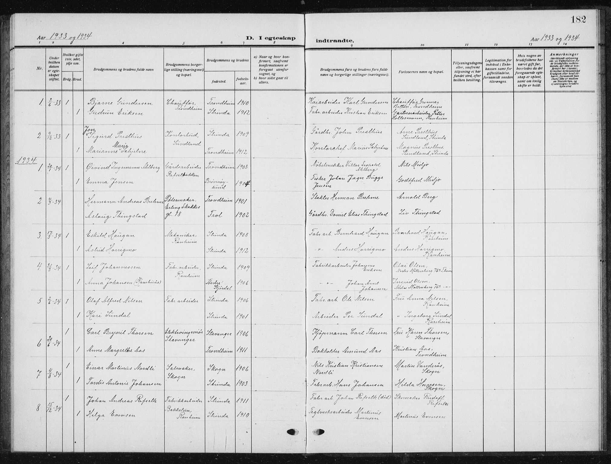 Ministerialprotokoller, klokkerbøker og fødselsregistre - Sør-Trøndelag, SAT/A-1456/615/L0401: Parish register (copy) no. 615C02, 1922-1941, p. 182