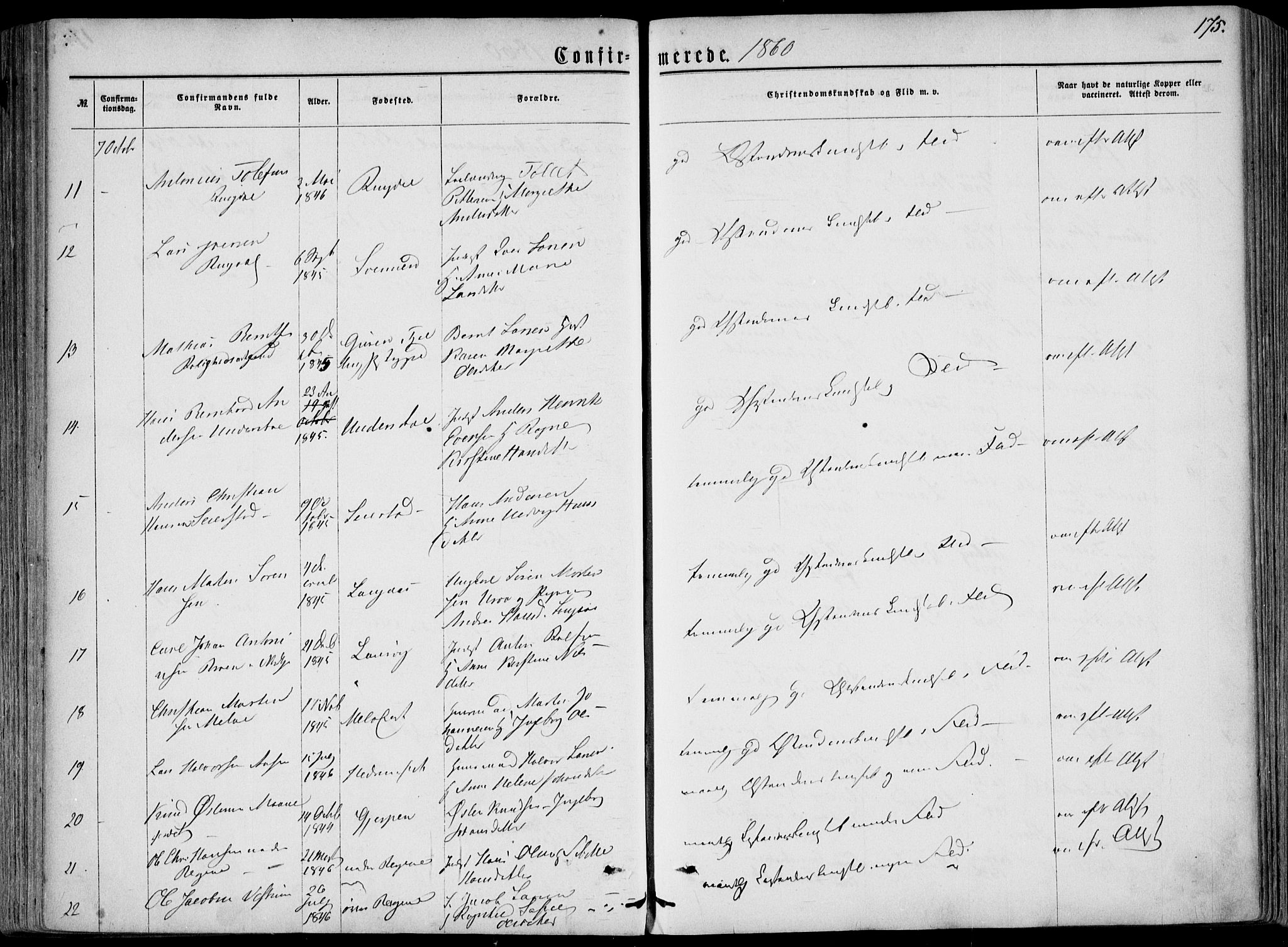 Hedrum kirkebøker, AV/SAKO-A-344/F/Fa/L0007: Parish register (official) no. I 7, 1857-1868, p. 175