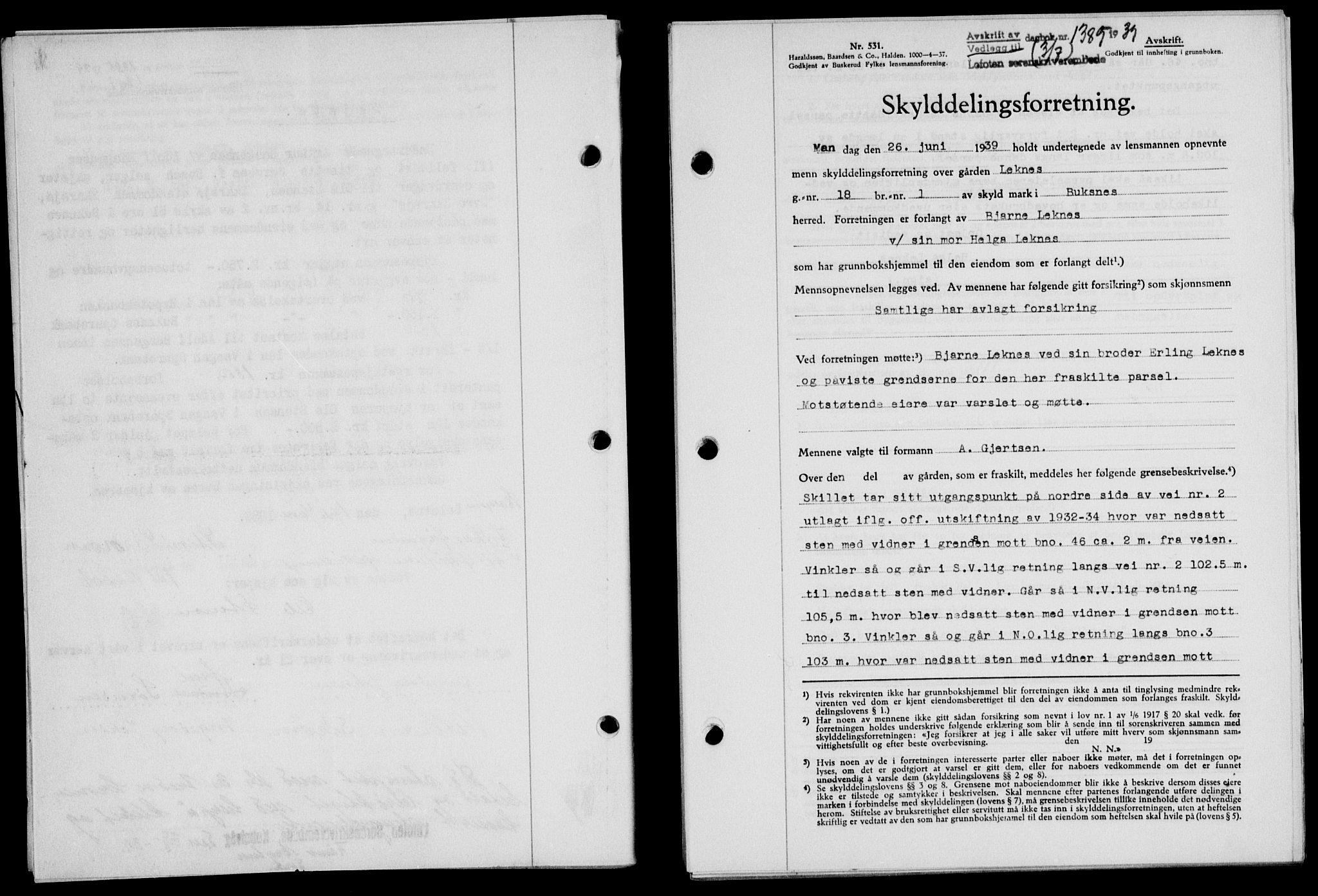 Lofoten sorenskriveri, SAT/A-0017/1/2/2C/L0006a: Mortgage book no. 6a, 1939-1939, Diary no: : 1389/1939
