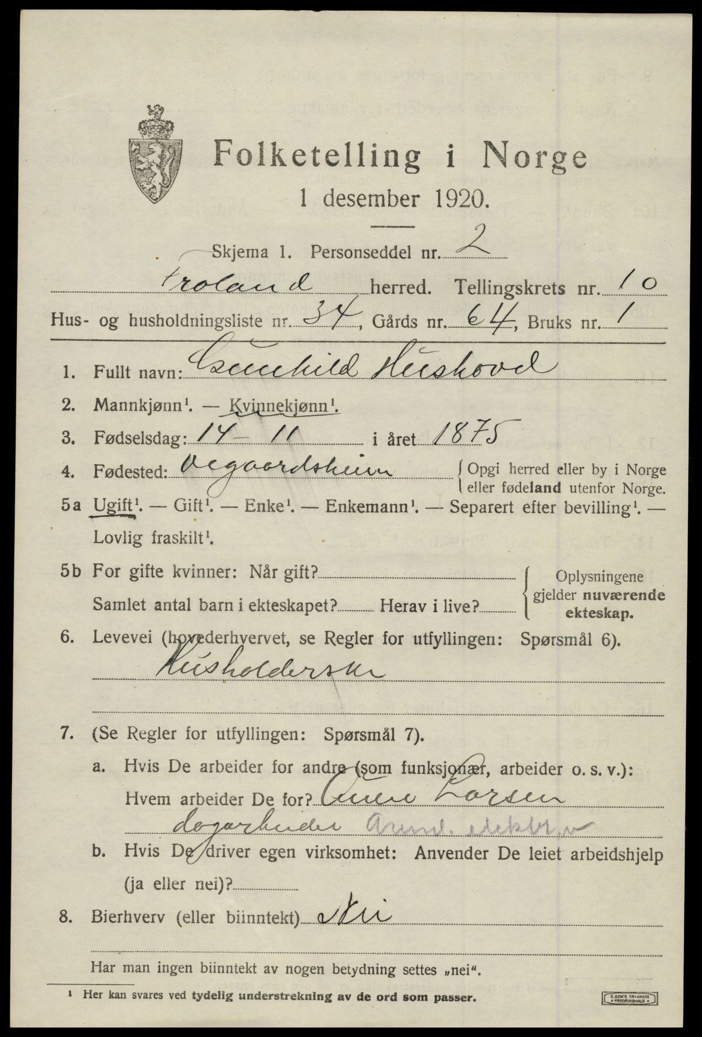 SAK, 1920 census for Froland, 1920, p. 5671