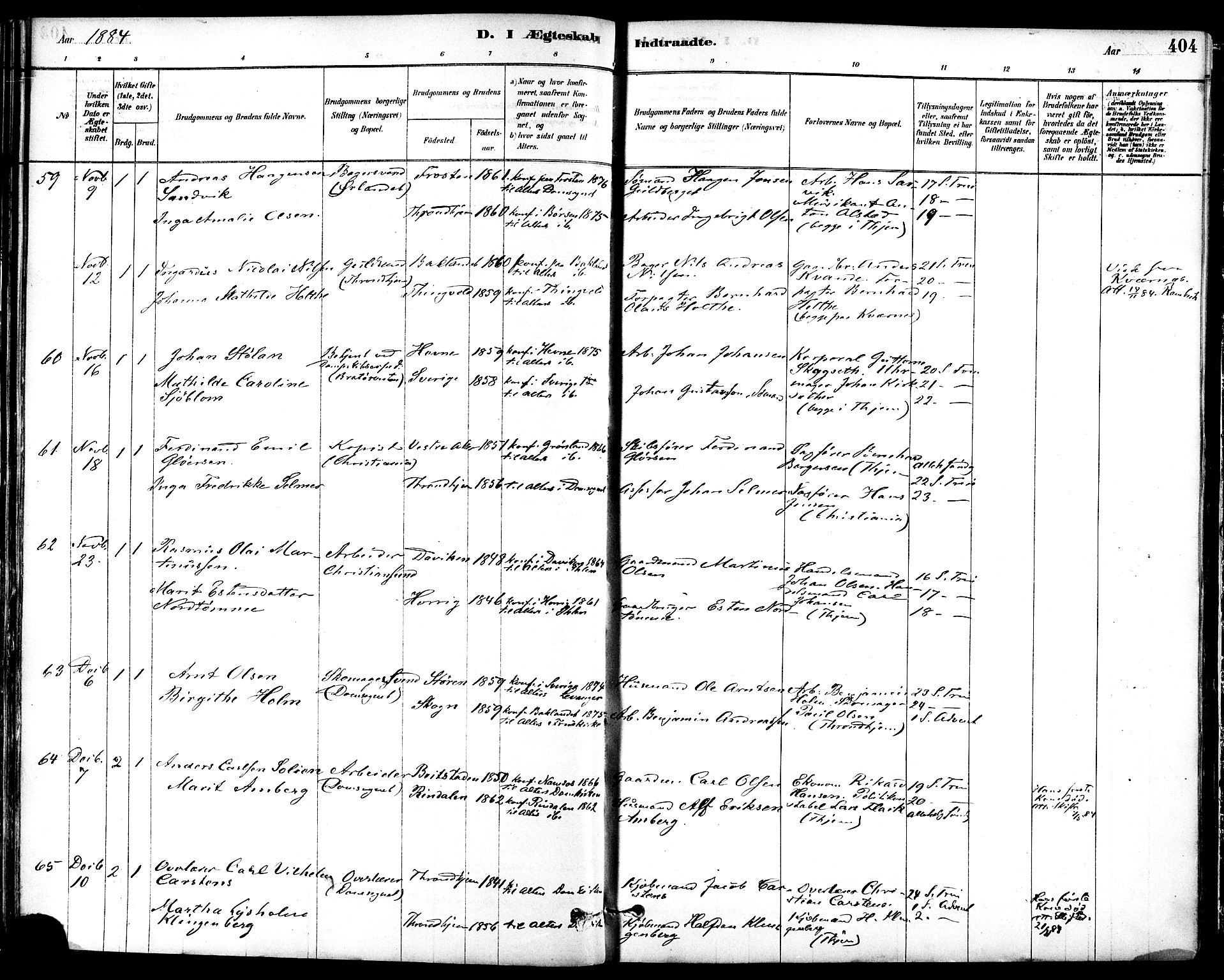 Ministerialprotokoller, klokkerbøker og fødselsregistre - Sør-Trøndelag, SAT/A-1456/601/L0058: Parish register (official) no. 601A26, 1877-1891, p. 404
