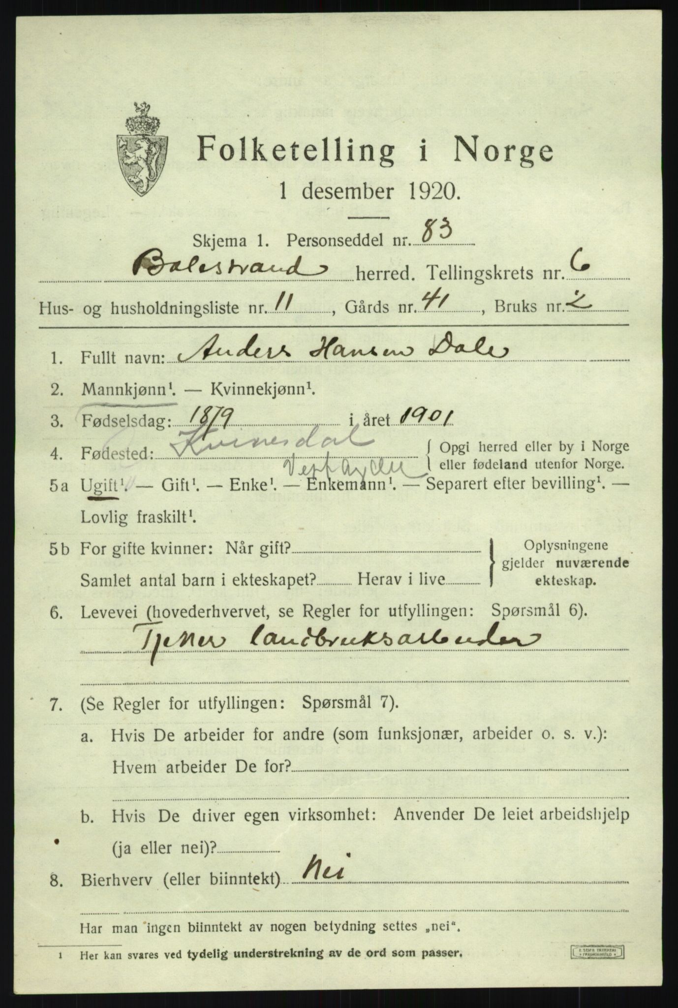 SAB, 1920 census for Balestrand, 1920, p. 3022