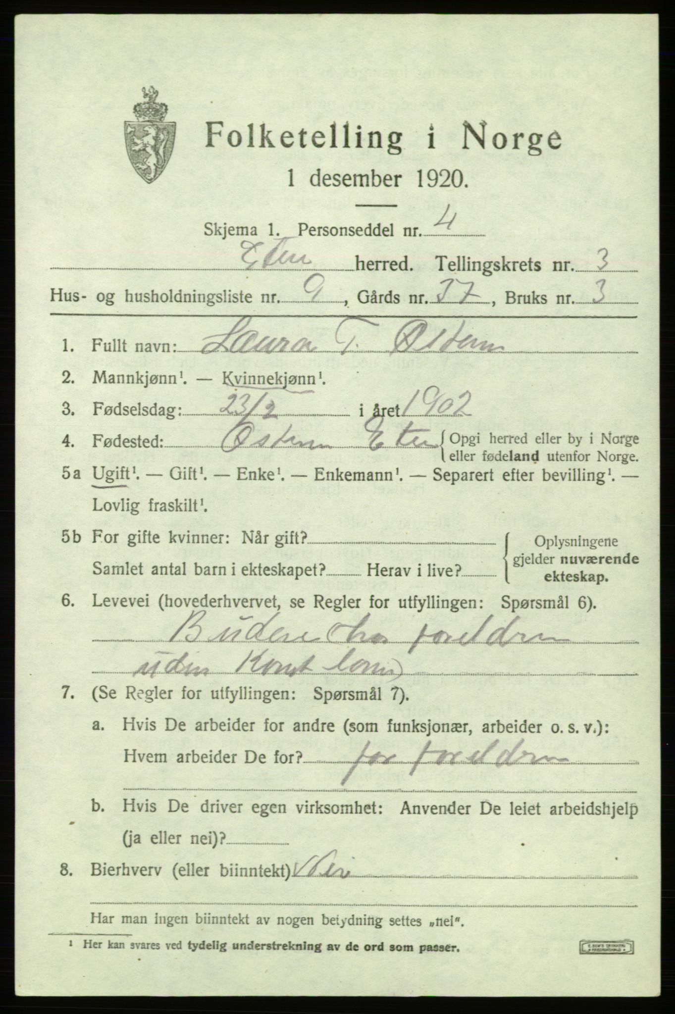 SAB, 1920 census for Etne, 1920, p. 1817