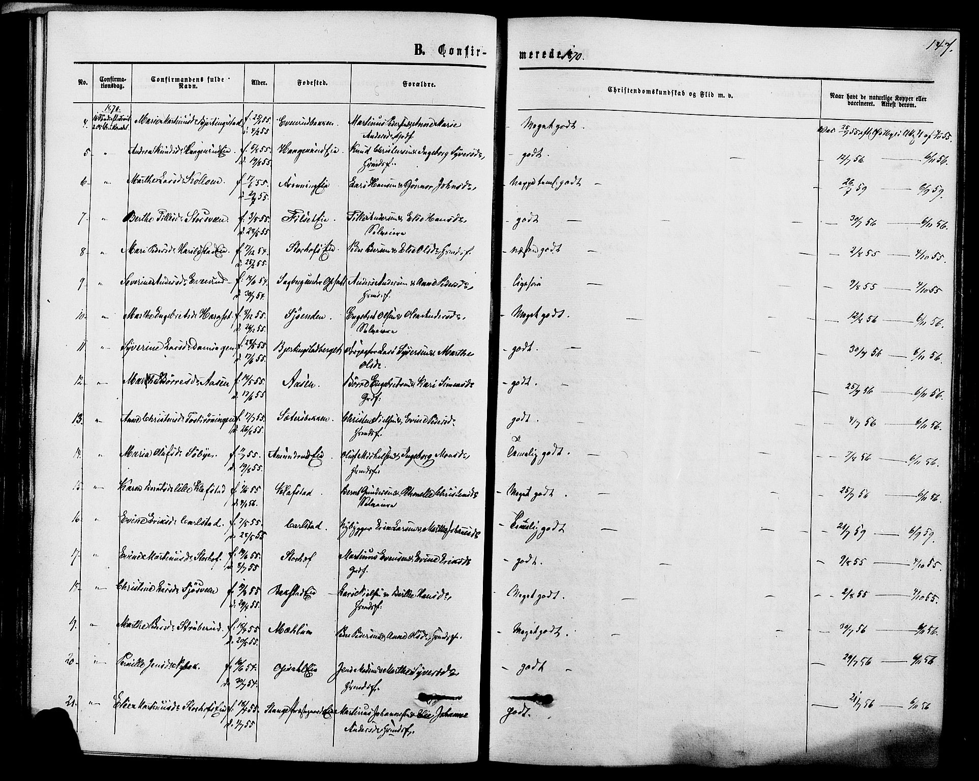 Romedal prestekontor, AV/SAH-PREST-004/K/L0006: Parish register (official) no. 6, 1866-1886, p. 147