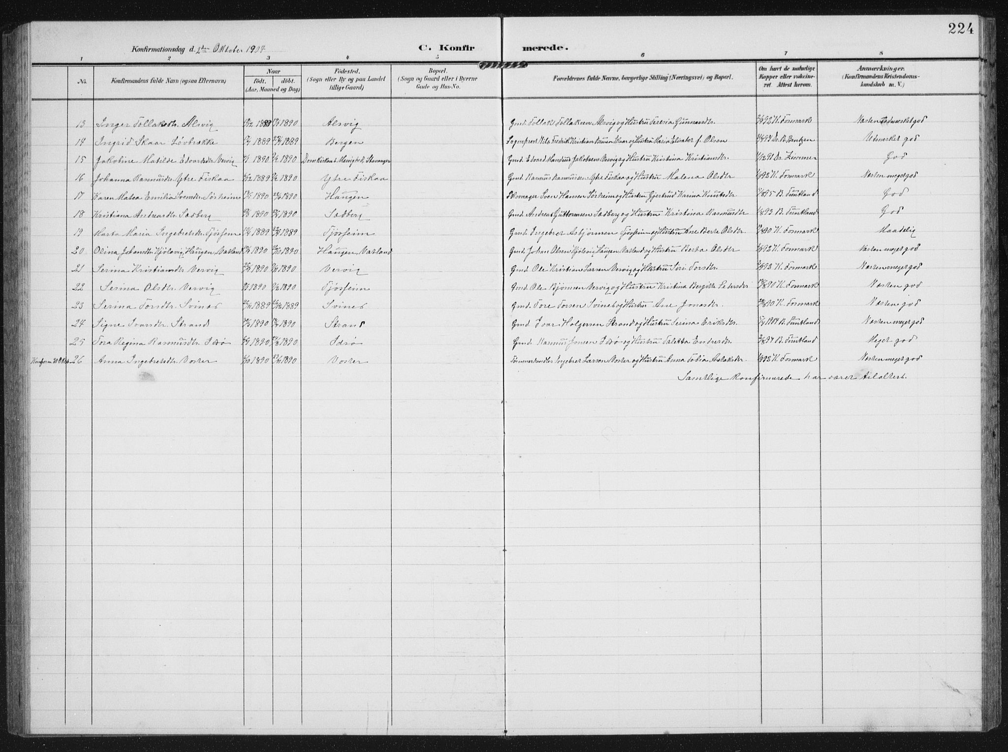 Strand sokneprestkontor, AV/SAST-A-101828/H/Ha/Hab/L0005: Parish register (copy) no. B 5, 1904-1934, p. 224