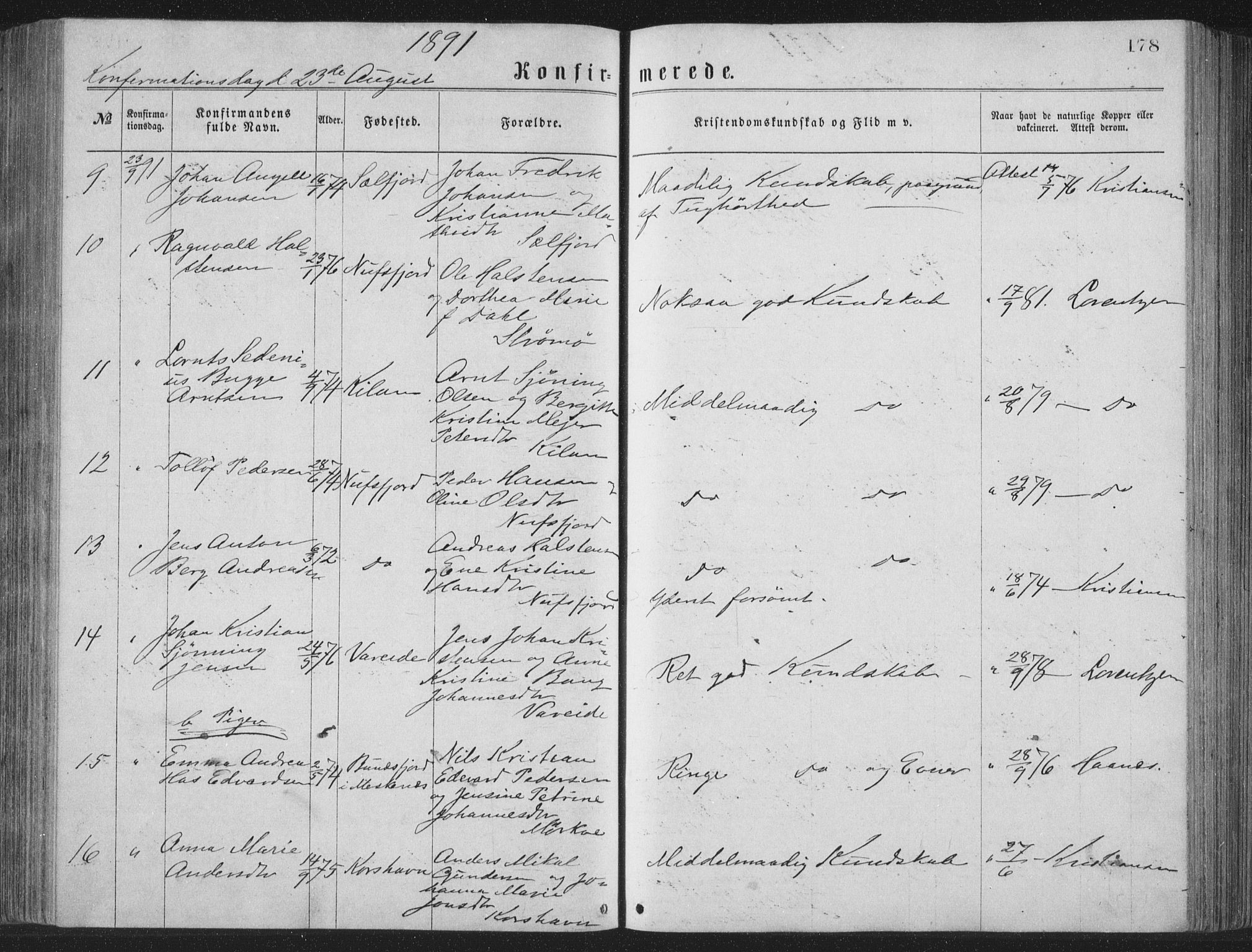 Ministerialprotokoller, klokkerbøker og fødselsregistre - Nordland, AV/SAT-A-1459/885/L1213: Parish register (copy) no. 885C02, 1874-1892, p. 178