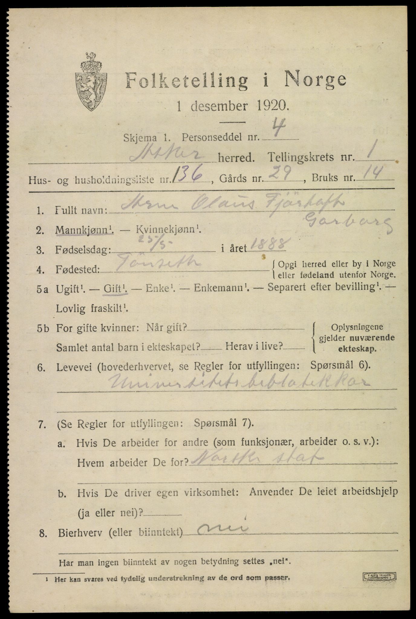 SAO, 1920 census for Asker, 1920, p. 4872