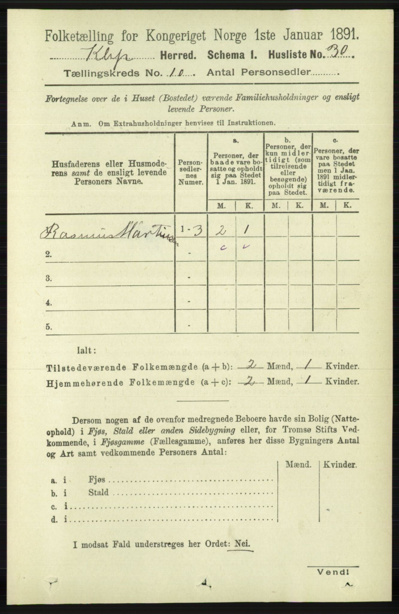 RA, 1891 census for 1120 Klepp, 1891, p. 2848