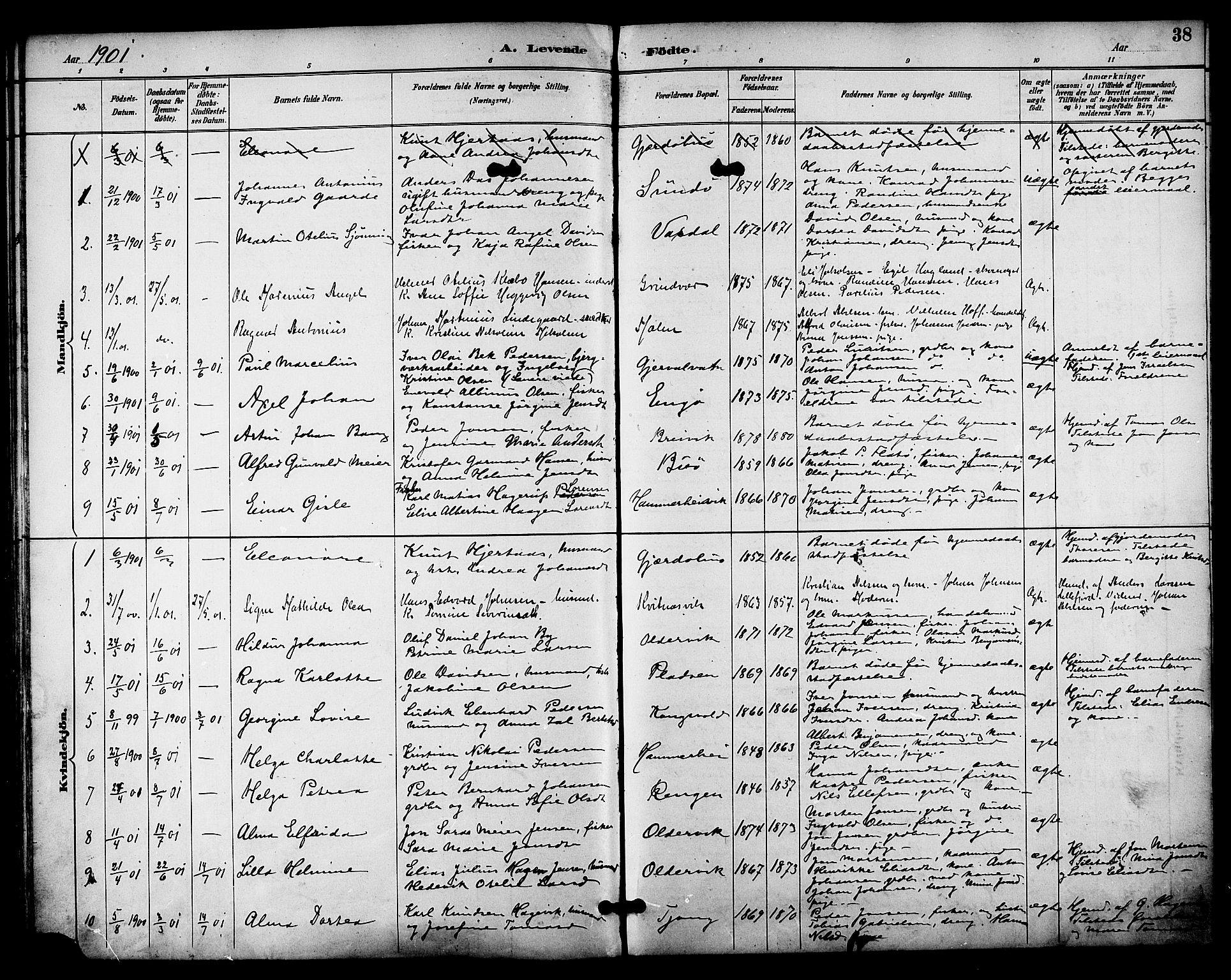 Ministerialprotokoller, klokkerbøker og fødselsregistre - Nordland, SAT/A-1459/841/L0610: Parish register (official) no. 841A14, 1890-1901, p. 38