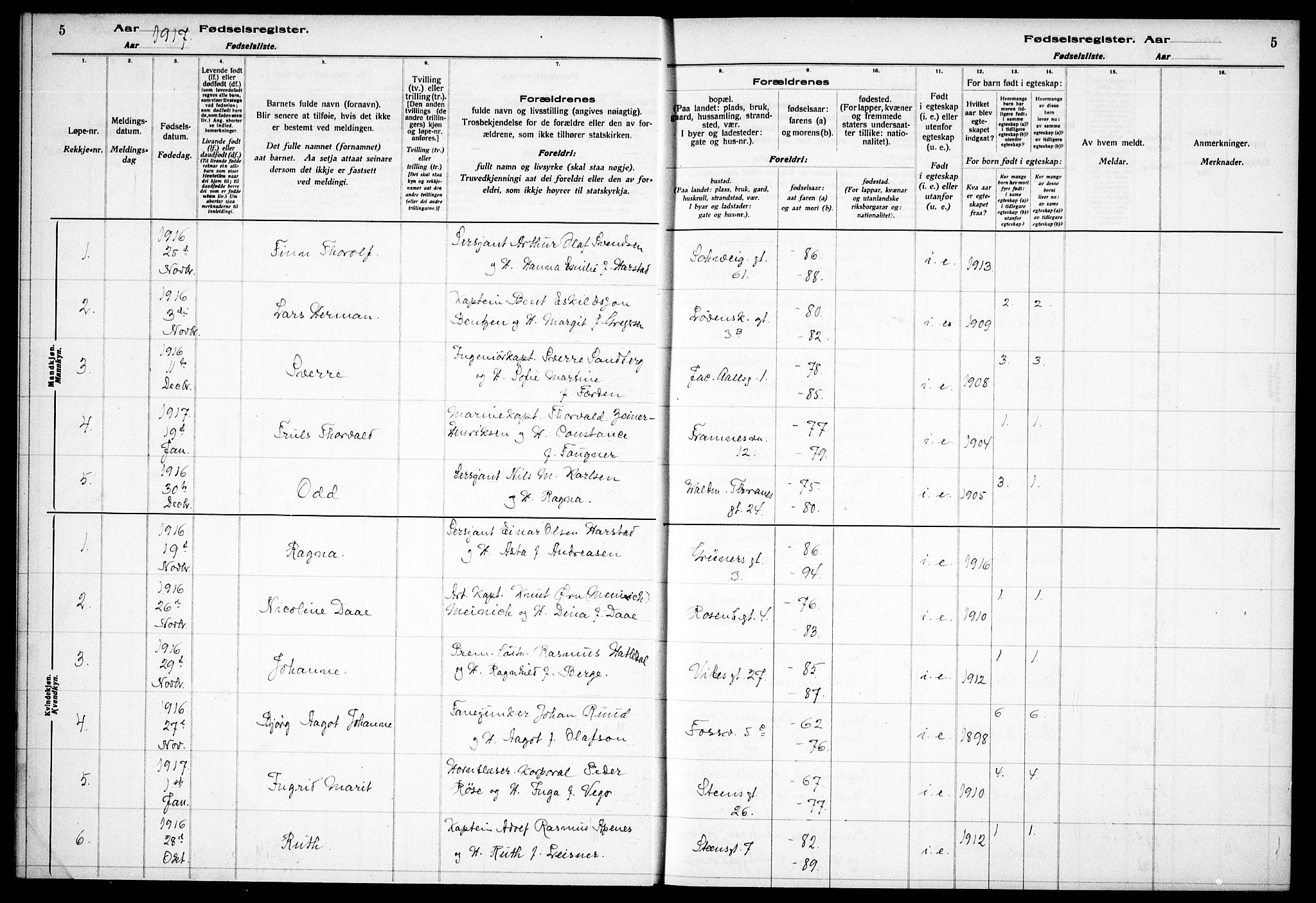 Garnisonsmenigheten Kirkebøker, AV/SAO-A-10846/J/Ja/L0001: Birth register no. 1, 1916-1938, p. 5