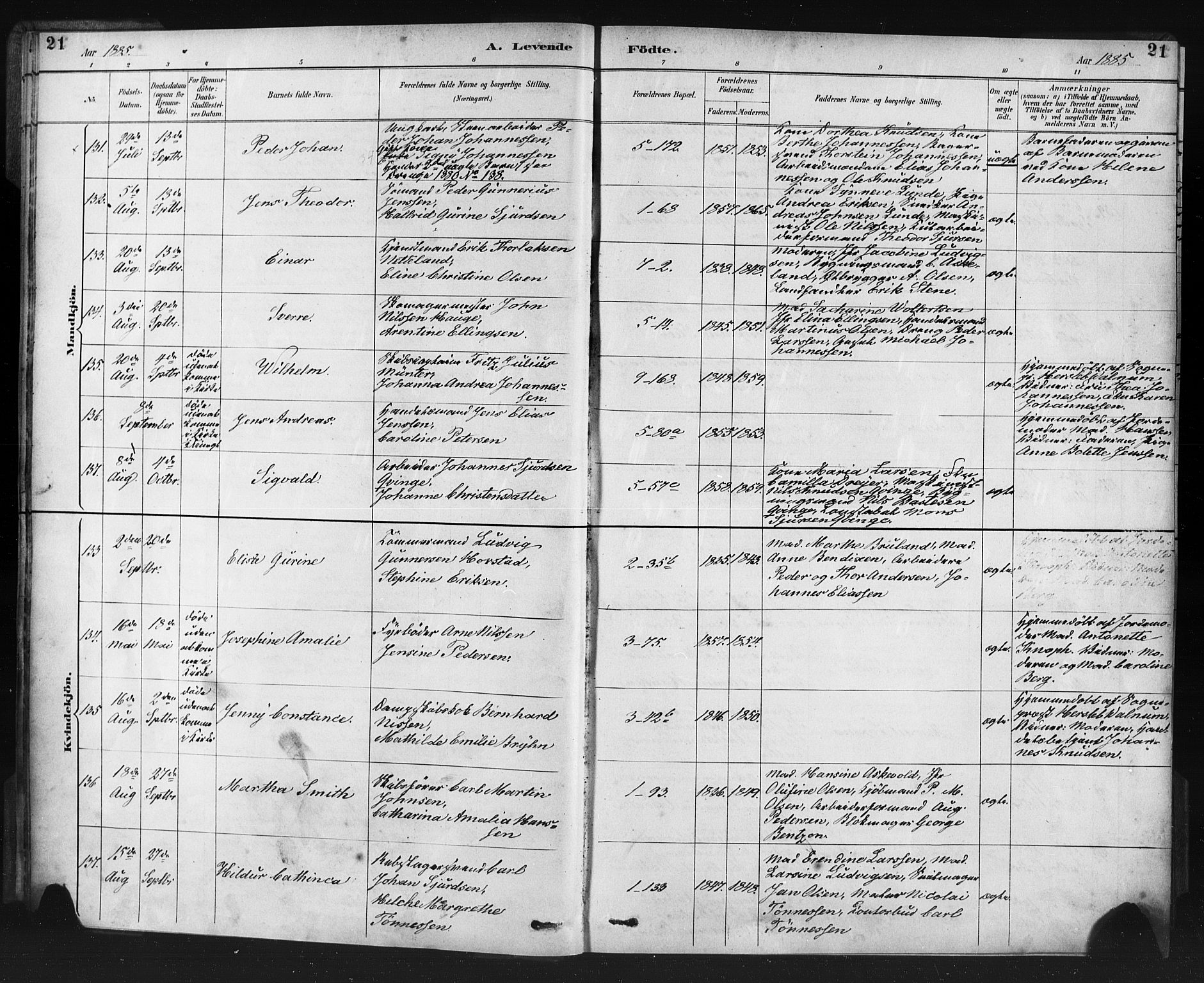 Nykirken Sokneprestembete, SAB/A-77101/H/Haa: Parish register (official) no. B 5, 1885-1894, p. 21