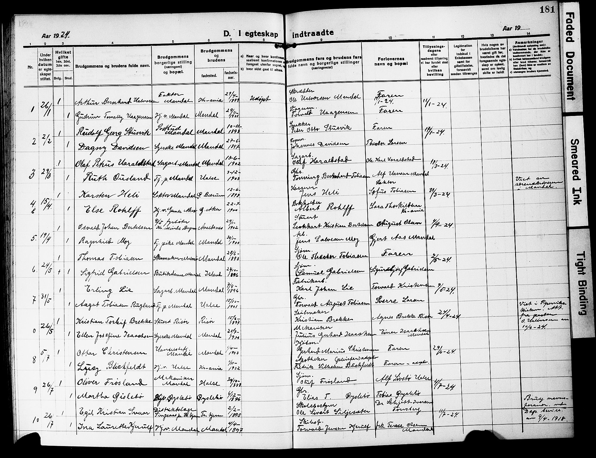 Mandal sokneprestkontor, SAK/1111-0030/F/Fb/Fbc/L0001: Parish register (copy) no. B 1, 1918-1931, p. 181