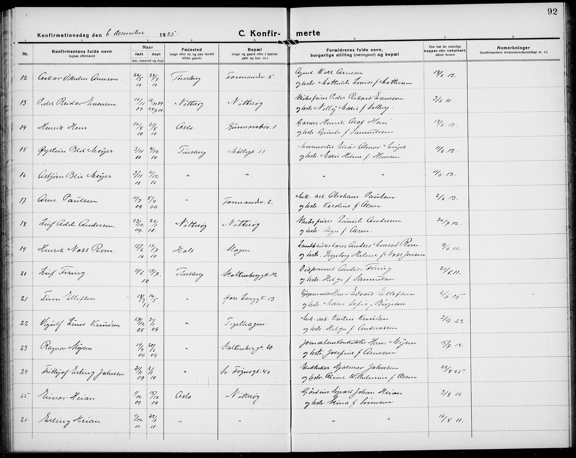 Tønsberg kirkebøker, AV/SAKO-A-330/G/Ga/L0013: Parish register (copy) no. 13, 1920-1929, p. 92